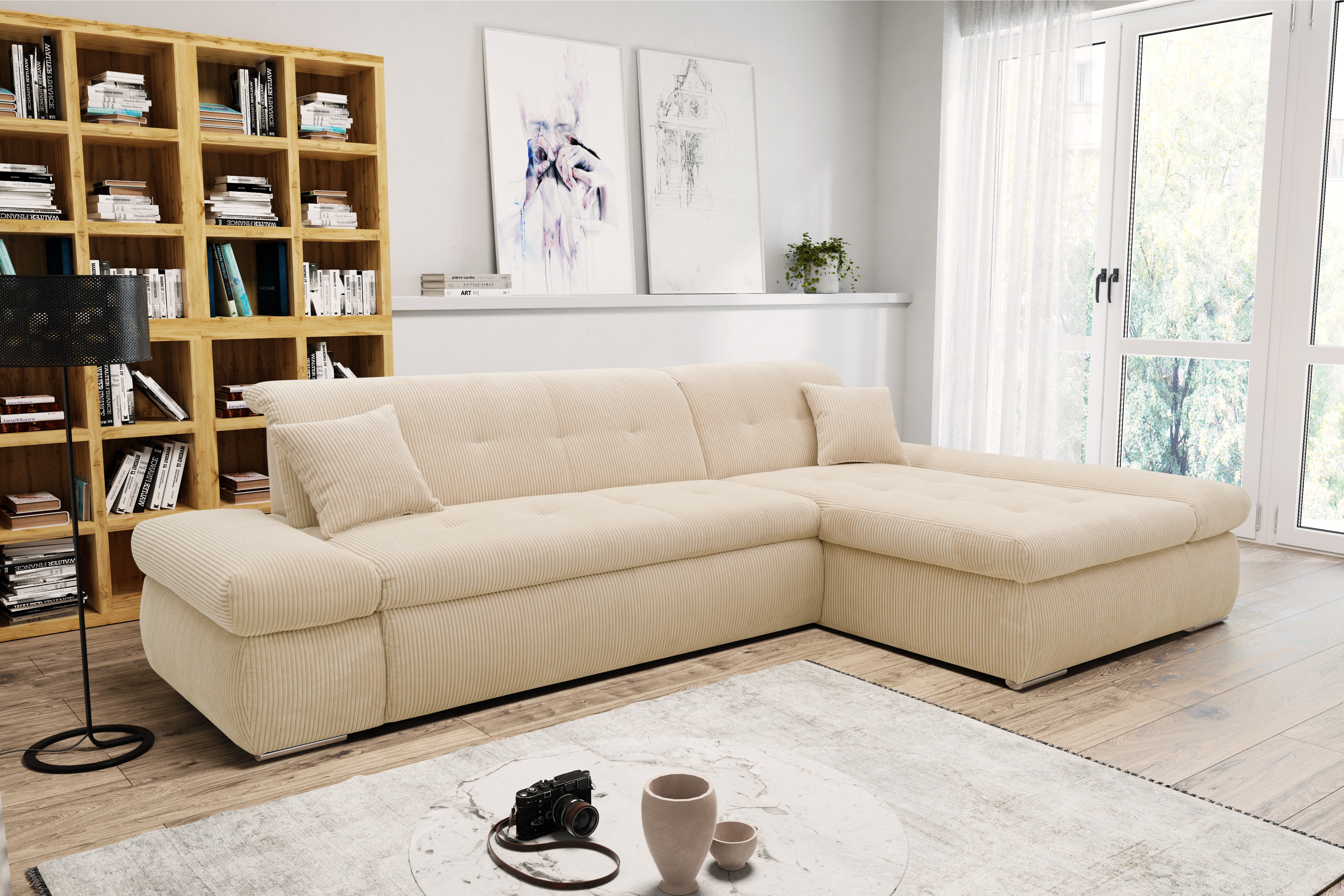 DOMO collection Ecksofa "MORIC 300x172 cm, XXL-Sofa mit viel Platz, L-Form, auch in Cord" wahlweise mit Bettfunktion und Armteilverstellung, Cord, Creme