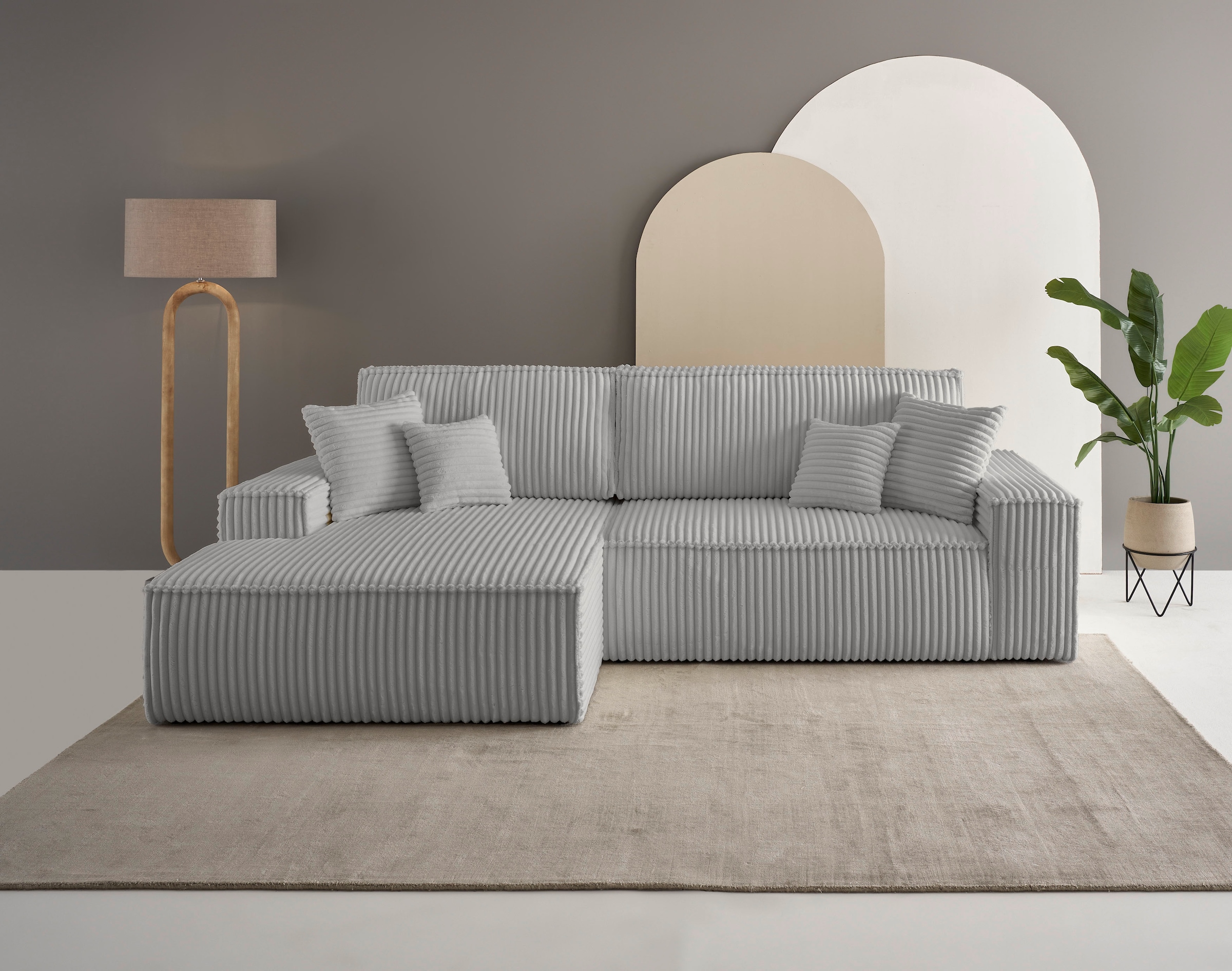 OTTO home Ecksofa "FINNLEY Cord, L-Form 257 cm, Schlafsofa" mit Bettkasten, in Bouclé, Struktur fein und Mega Cord