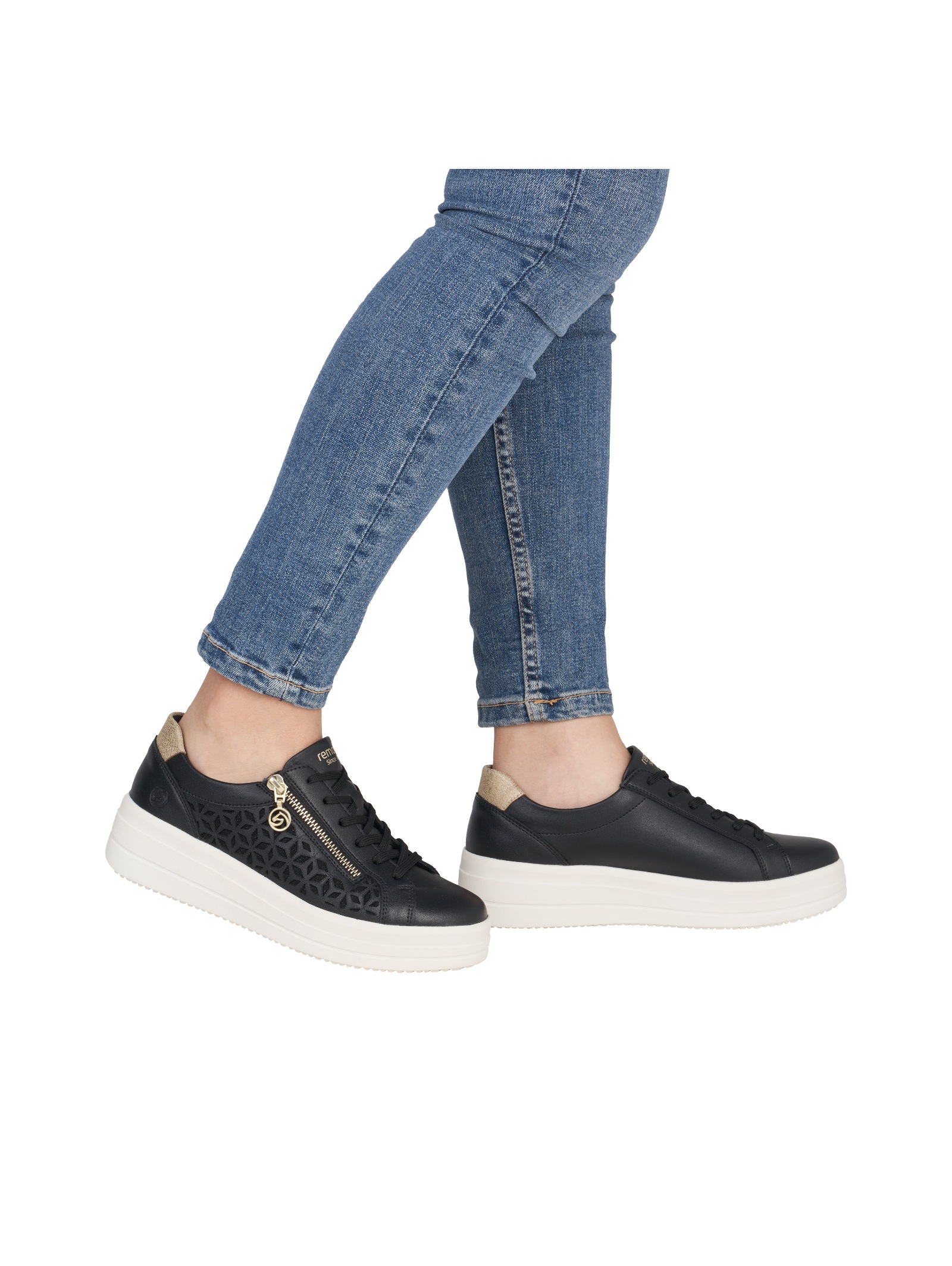 Plateausneaker REMONTE, Damen, Gr. 41, schwarz, goldfarben, Leder, Lederimitat, Schuhe Plateausneaker, Halbschuh, Schnürschuh mit Perforation und seitlichem Reißverschluss 2