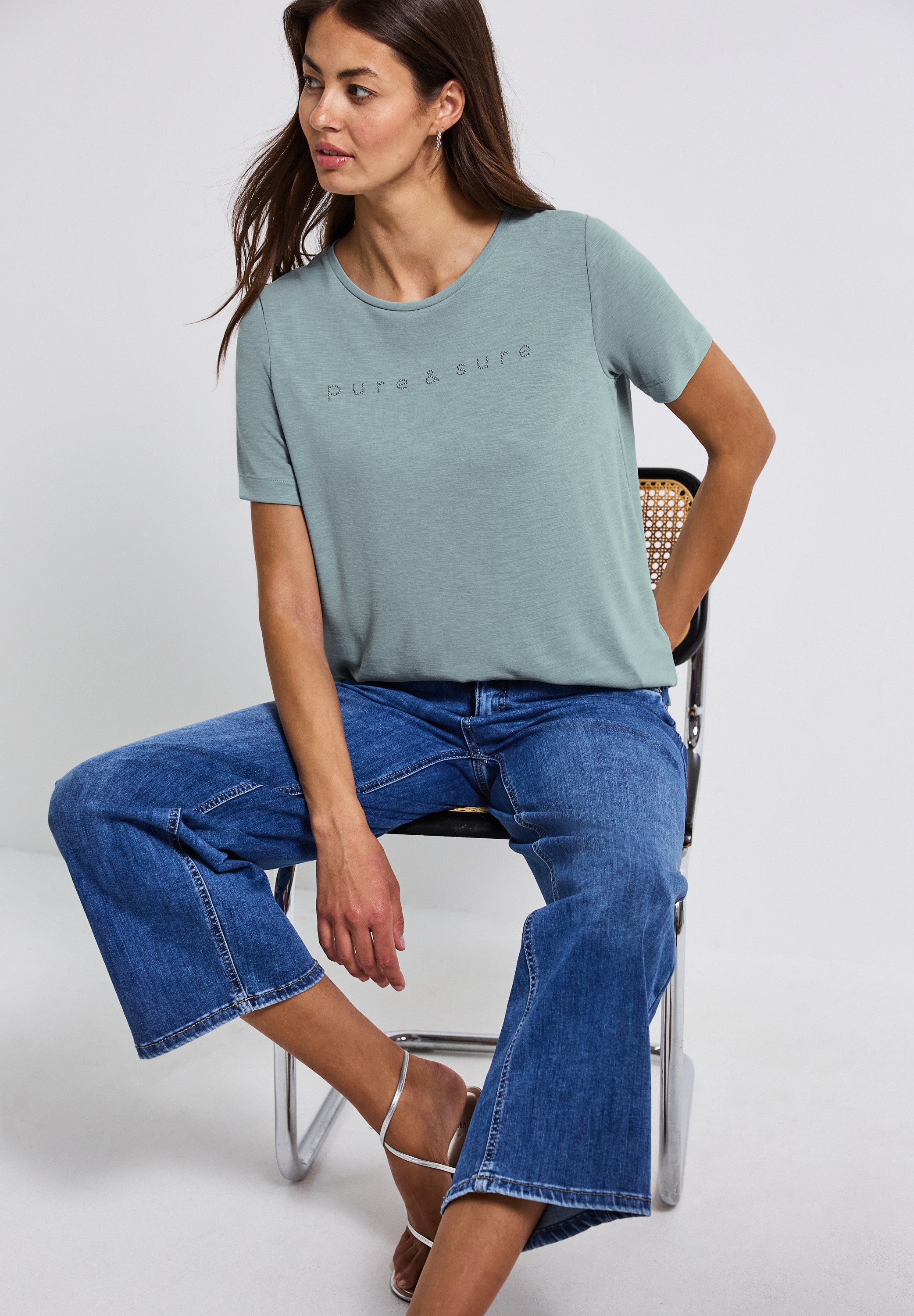 STREET ONE T-Shirt, mit Wording und Schmucksteinen günstig online kaufen