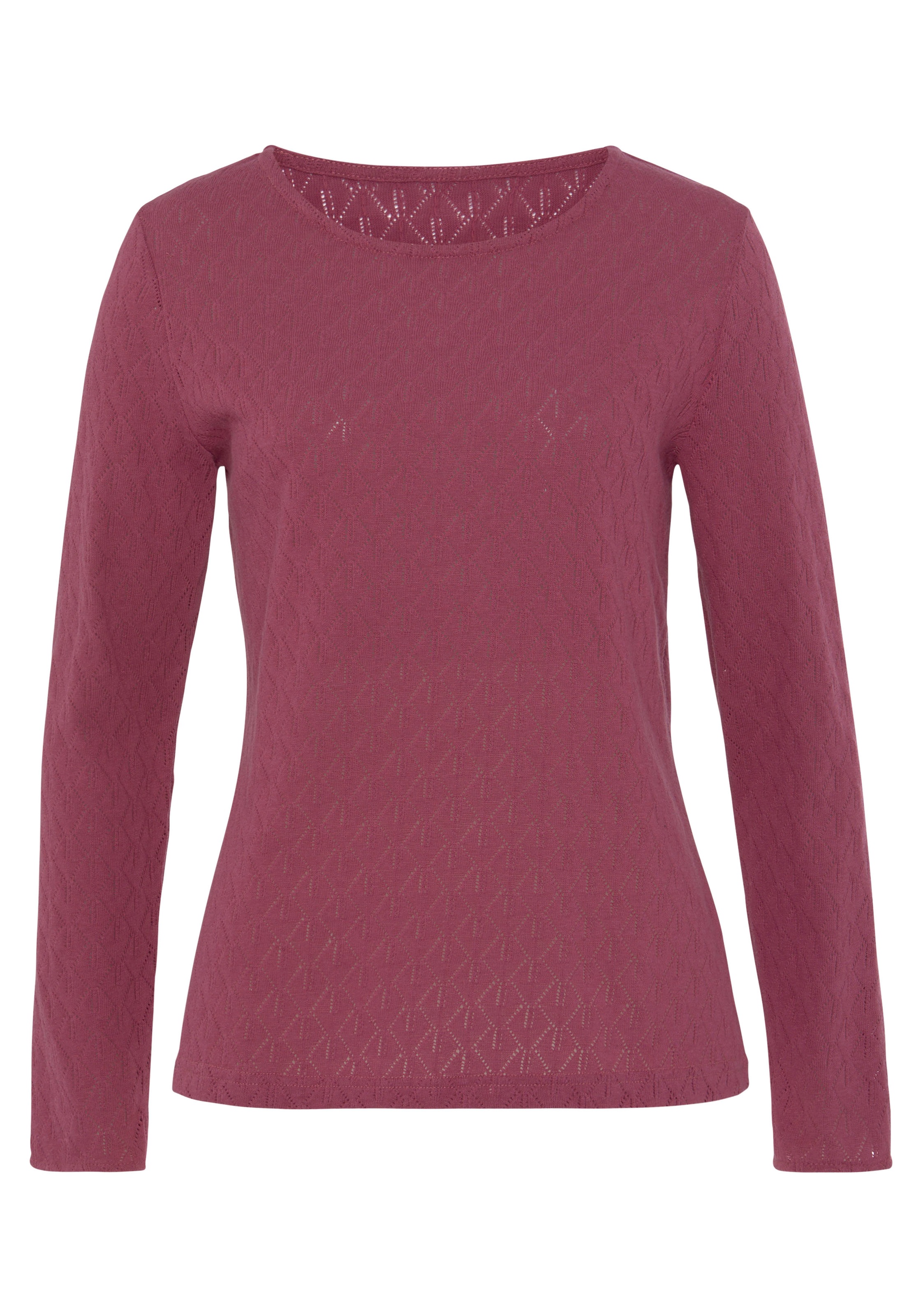 Langarmshirt VIVANCE "mit modischem Ajour-Muster", Damen, Gr. 36/38, lila (beere, taupe), Stoff, Obermaterial: 60% Baumwolle, 40% Polyester, Basic schmal normal, Rundhals, abgesteppt, Shirts Langarmshirt, aus weichem Baumwollstrick 3