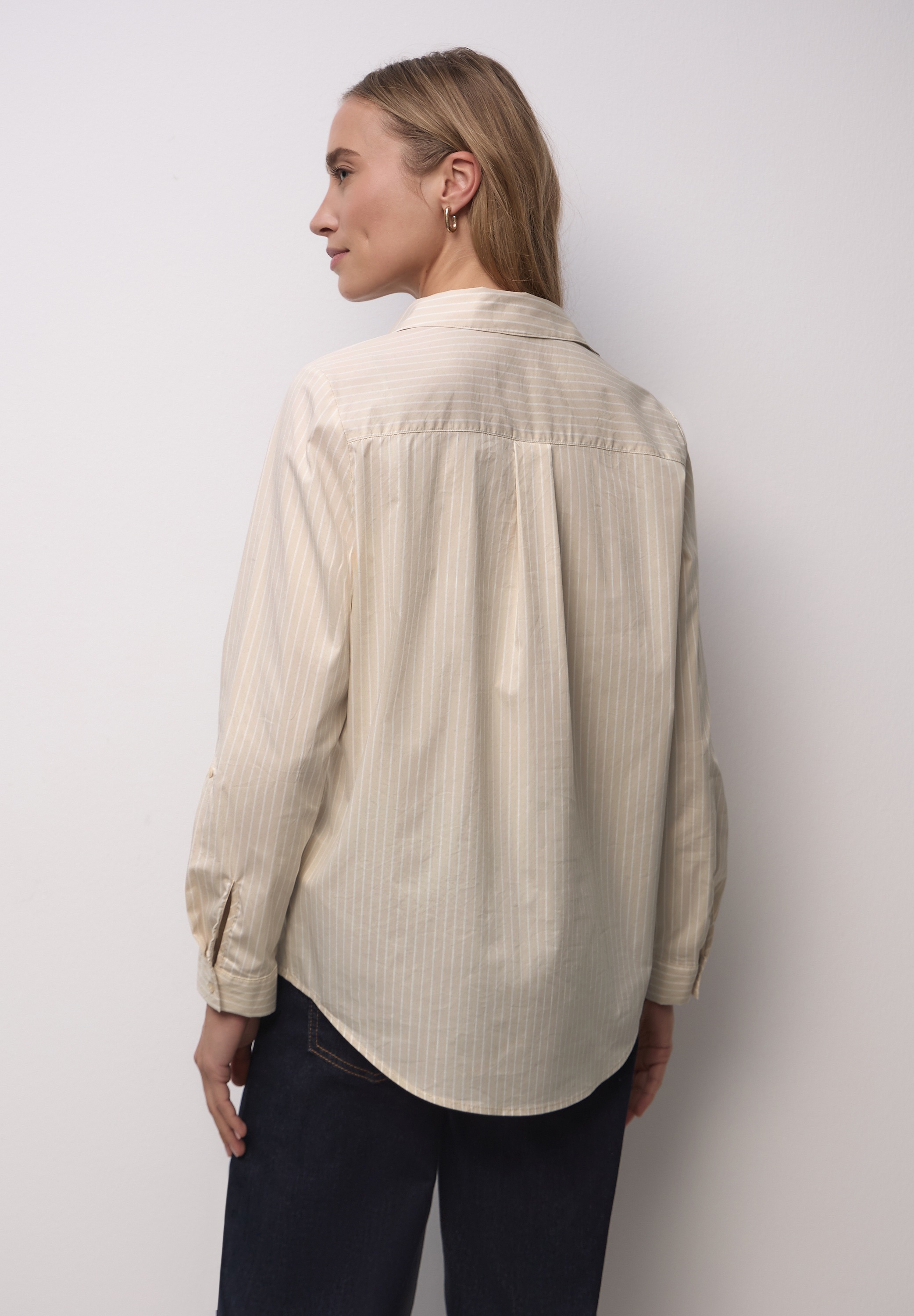 Langarmbluse STREET ONE, Damen, Gr. 36, cotton beige, Web, 79% Baumwolle, 19% Polyamid, 2% Elasthan, gestreift, regular fit lang, V-Ausschnitt, Bündchen, Blusen, mit Turn-Up Funktion