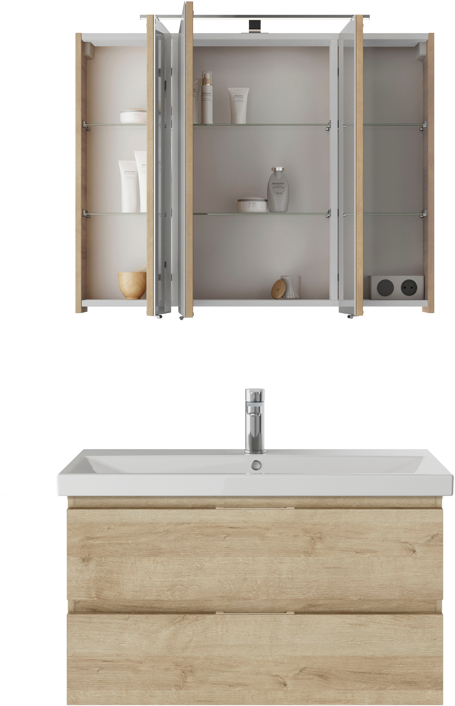 Saphir Badmöbel-Set »Serie 4035 2-teilig, Keramikwaschtisch mit LED-Spiegelschrank«, (Set), 90 cm breit, inkl. Türdämpfer, 2 Schubladen, 3 Türen, 6 Einlegeböden