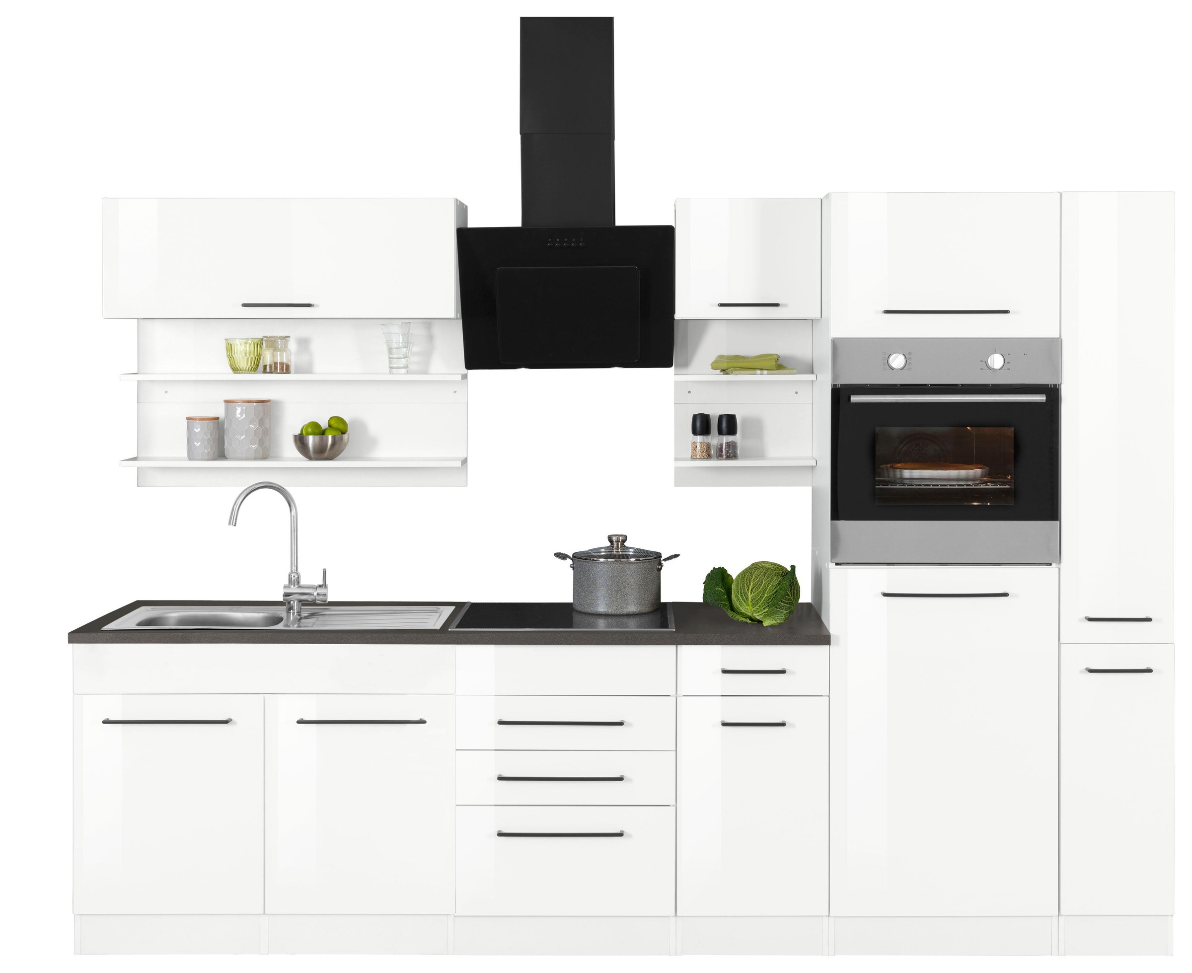 KOCHSTATION Küchenzeile »KS-Tulsa«, mit E-Geräten, Breite 300 cm, schwarze Metallgriffe, MDF Fronten