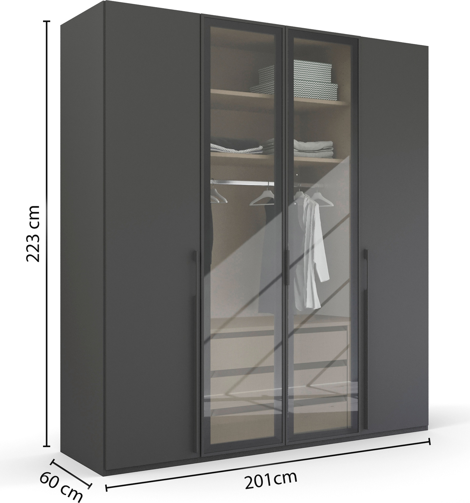 rauch Drehtürenschrank »Kleiderschrank Schrank Garderobe SKAT SHINE mit hochwertigem,«, transparentem Grauglas inkl. umfangreichem Zubehör MADE IN GERMANY
