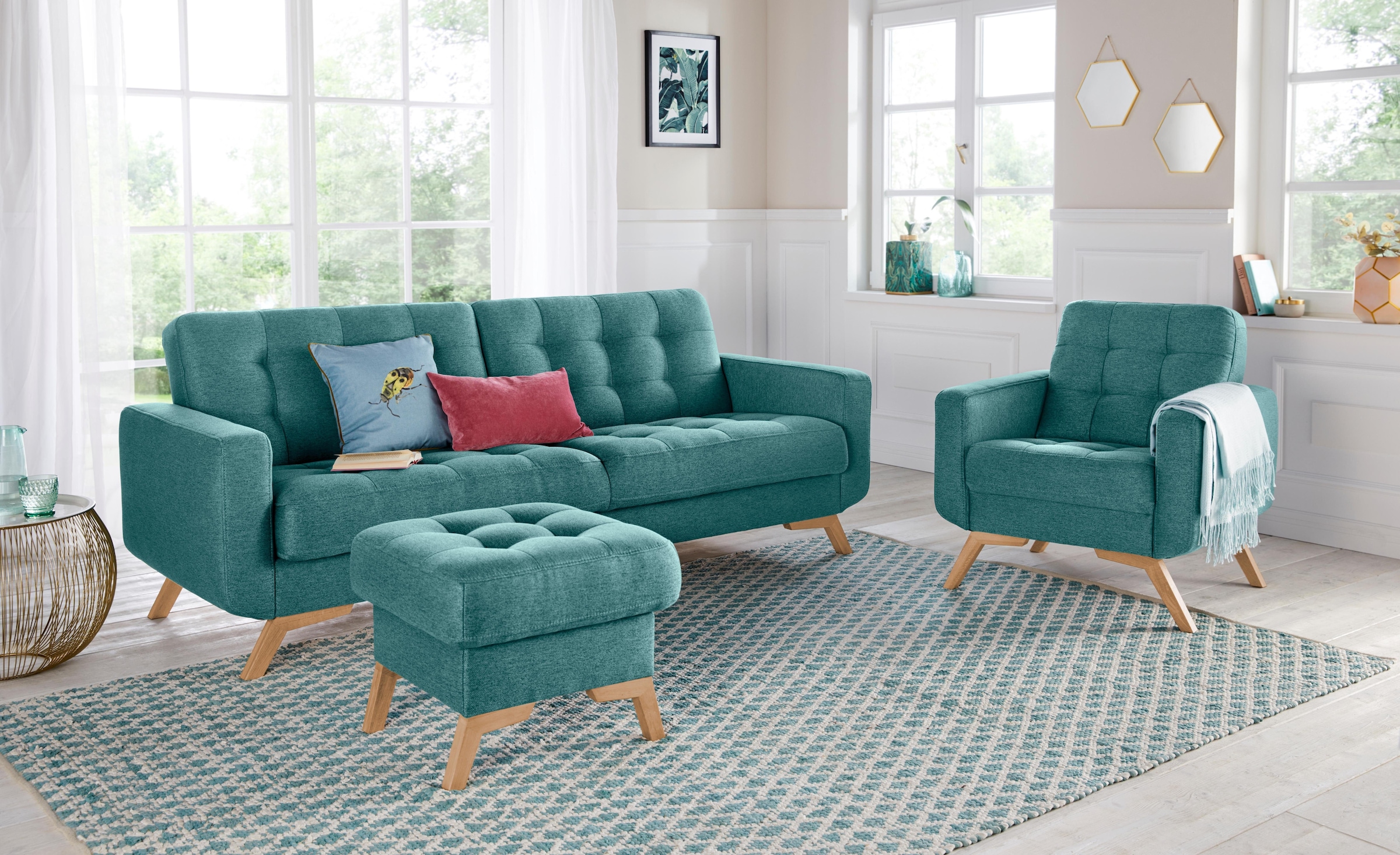 exxpo - sofa fashion 3-Sitzer »Fiord, aktuelles Design, tolle Detailverarbeitung im Sitz und Rücken«, bequem, wahlweise Kippcouch mit Bettfunktion und Bettkasten, Holzfuß