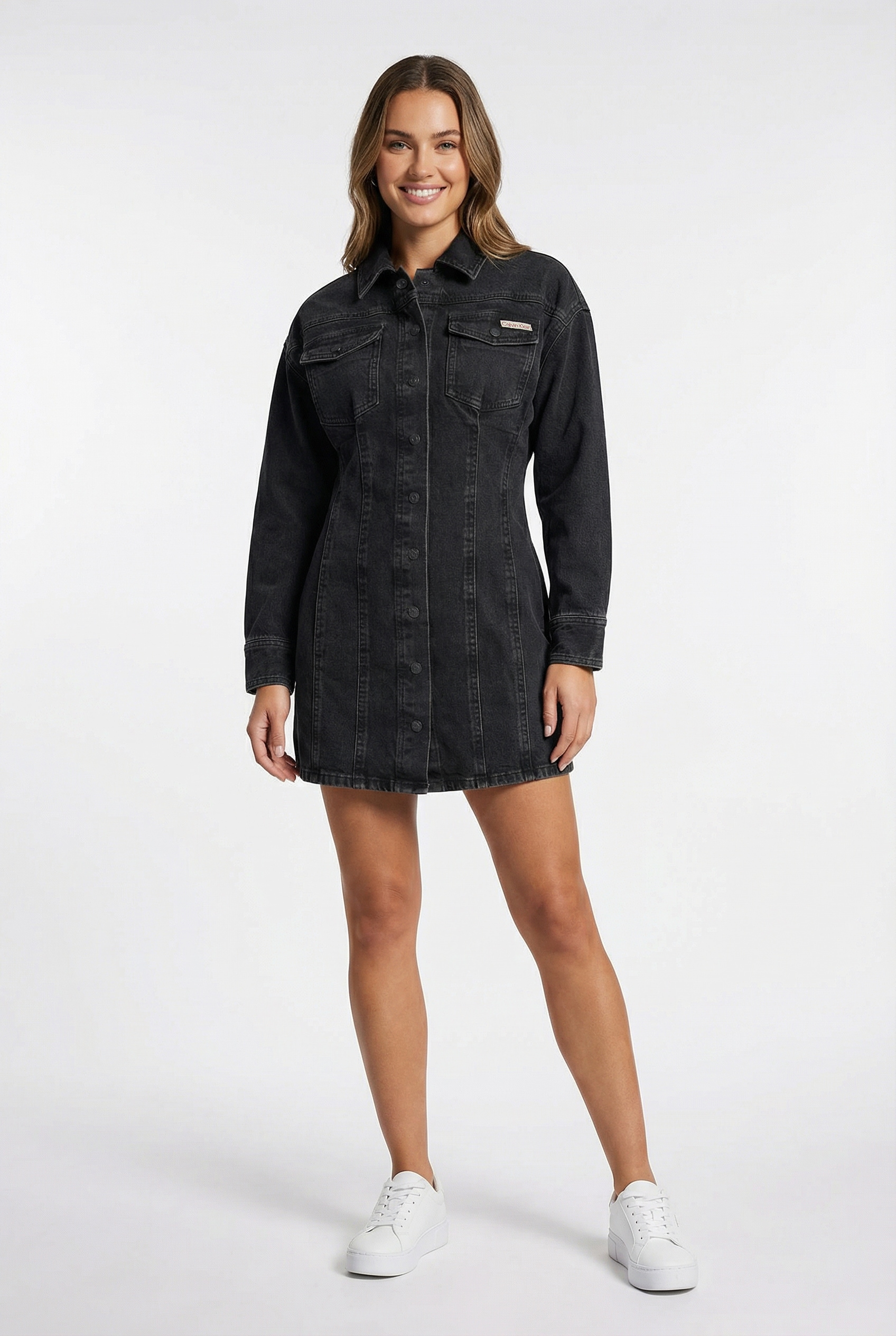 Calvin Klein Jeans Jeanskleid "LS DENIM MINI DRESS" Klappentaschen Mit Rund günstig online kaufen