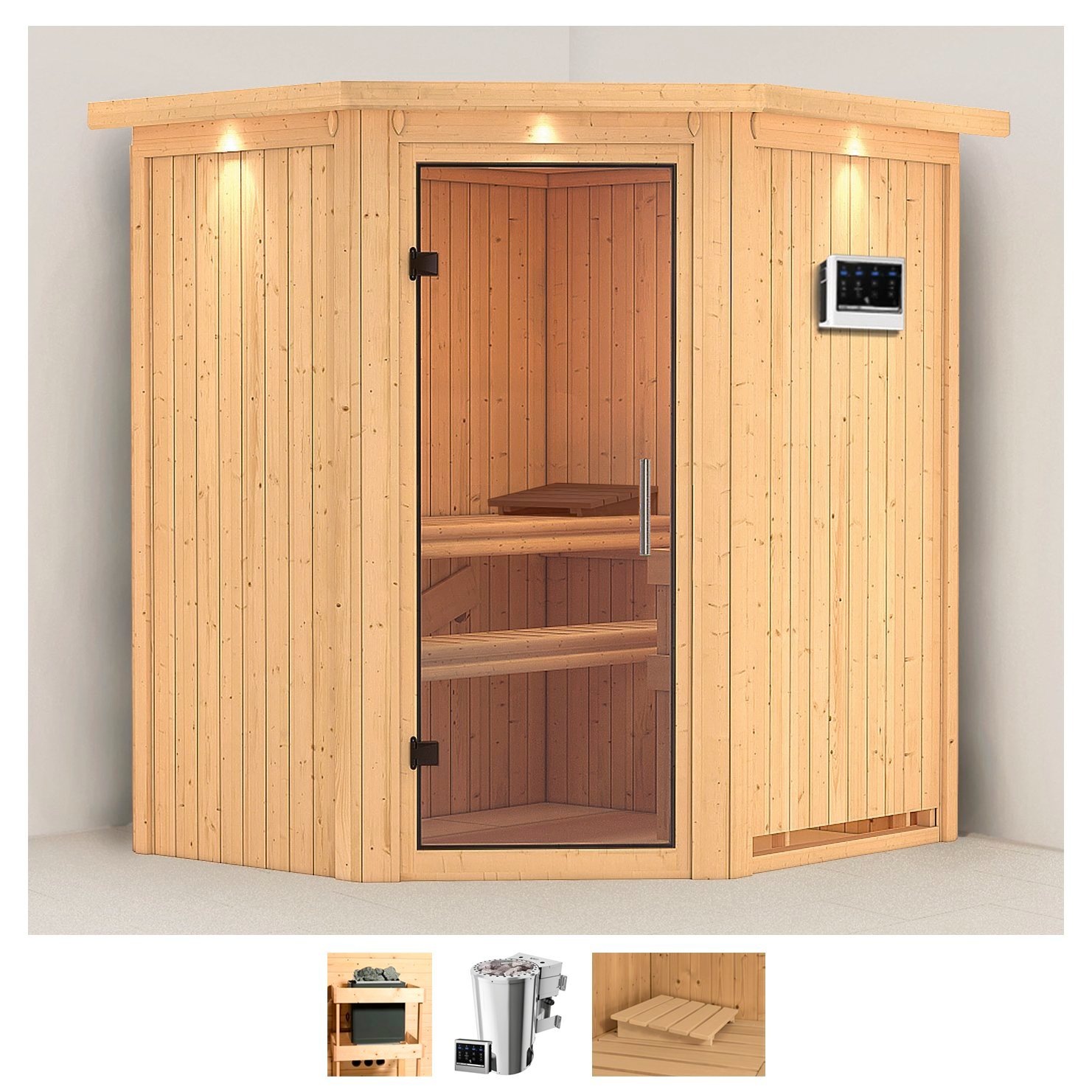 Sauna »Tomke«, (Set), 3,6-kW-Bio-Plug & Play Ofen mit externer Steuerung