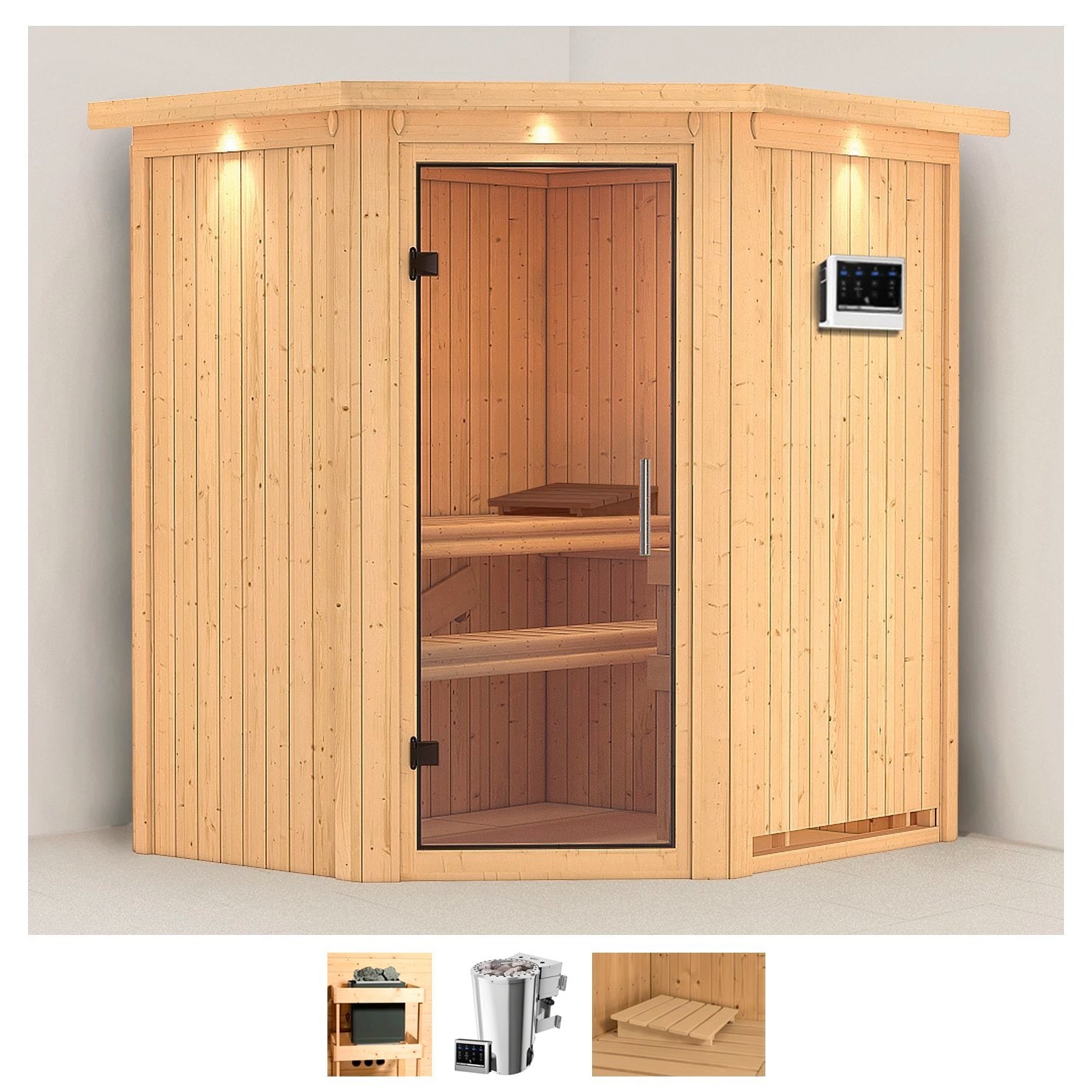 Karibu Sauna "Tomke" Set, Ofen 3,6 kW Bio-Ofen externe Strg. easy