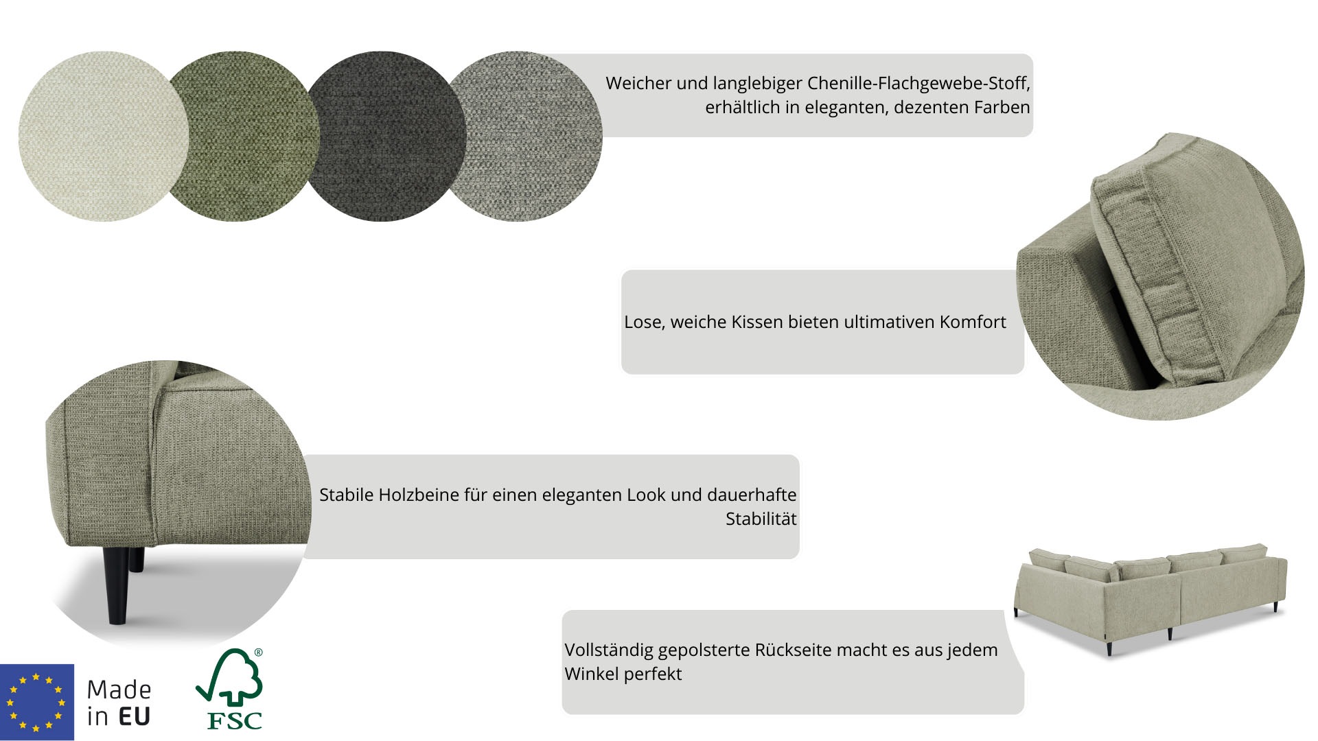 Thumbnail - Home affaire Ecksofa "Fumone, Lederoptik oder Soft-Touch Chenille" Breite 260, mit schwarzen Massivholzfüßen