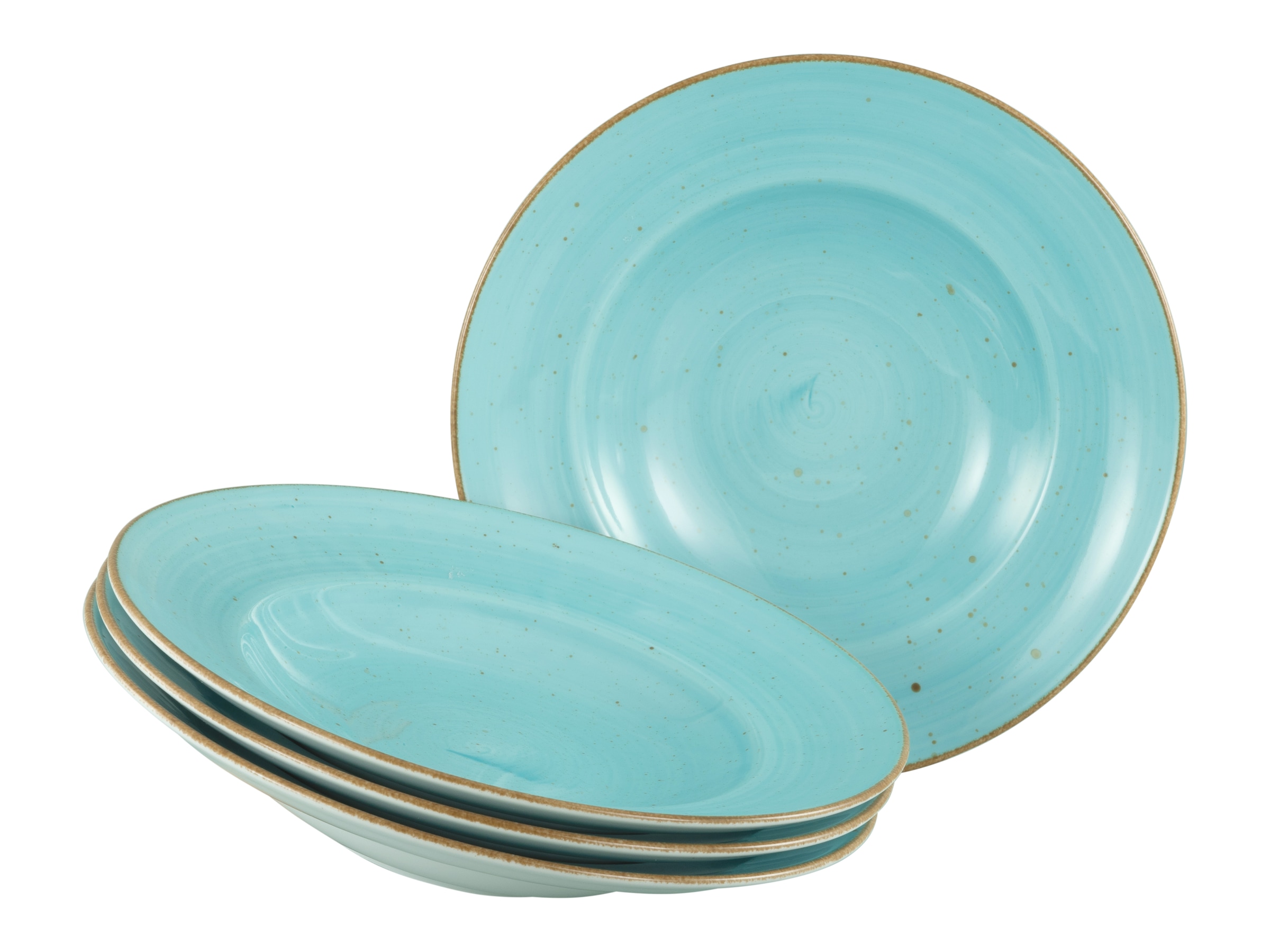 Pastateller CREATABLE "Vintage Nature, Pastateller 27 cm 4-tlg", blau (aqua), Ø:27cm, Porzellan, Speiseteller, Teller Set, Handgemalt, Gesprenkelt, Rustikales Außenband
