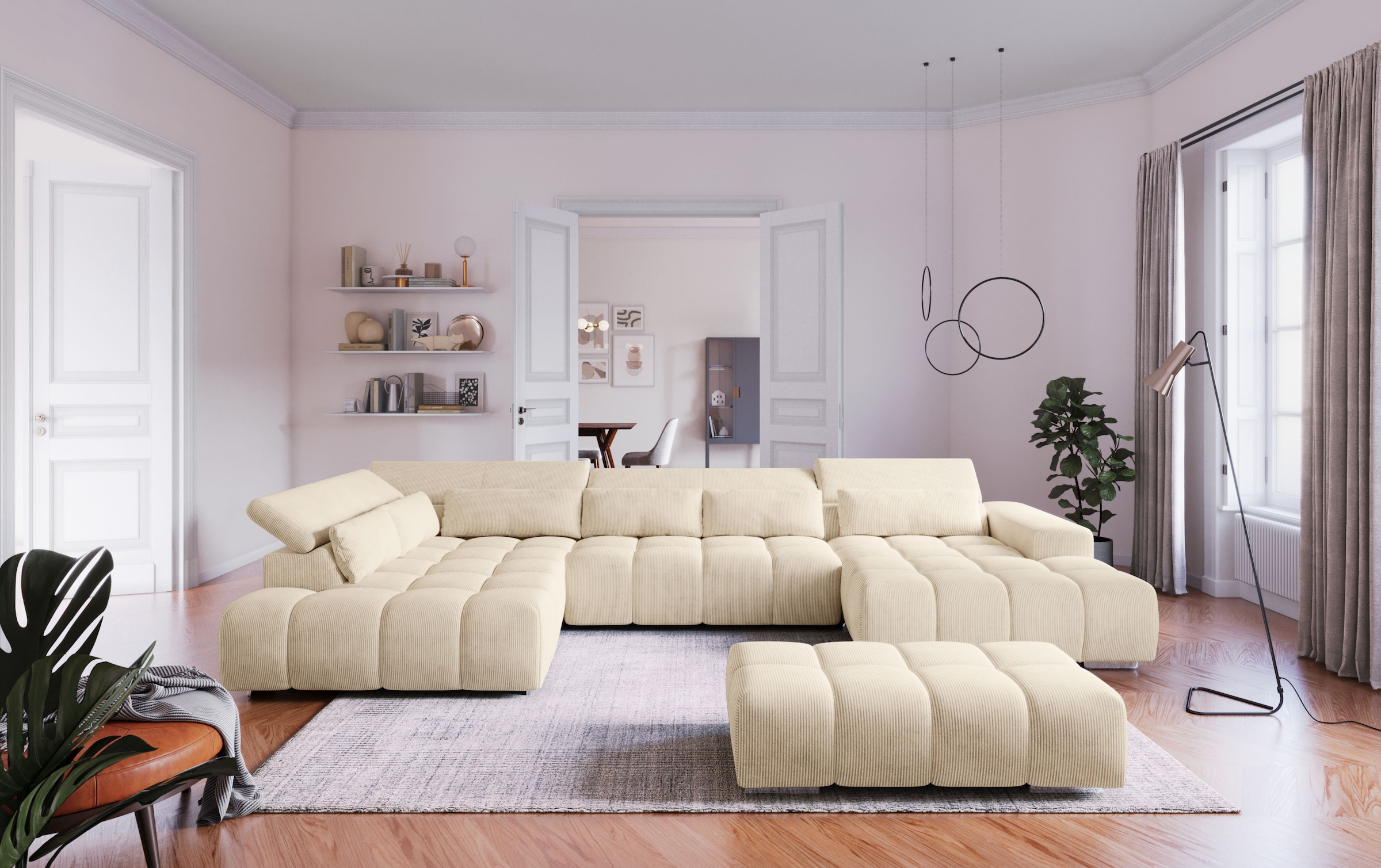 COTTA Wohnlandschaft "Orion U-Form XXL, B: 409 cm, bequeme Wellenunterfederung, top modern" mit Kopfteilverstellung & 6 Nierenkissen