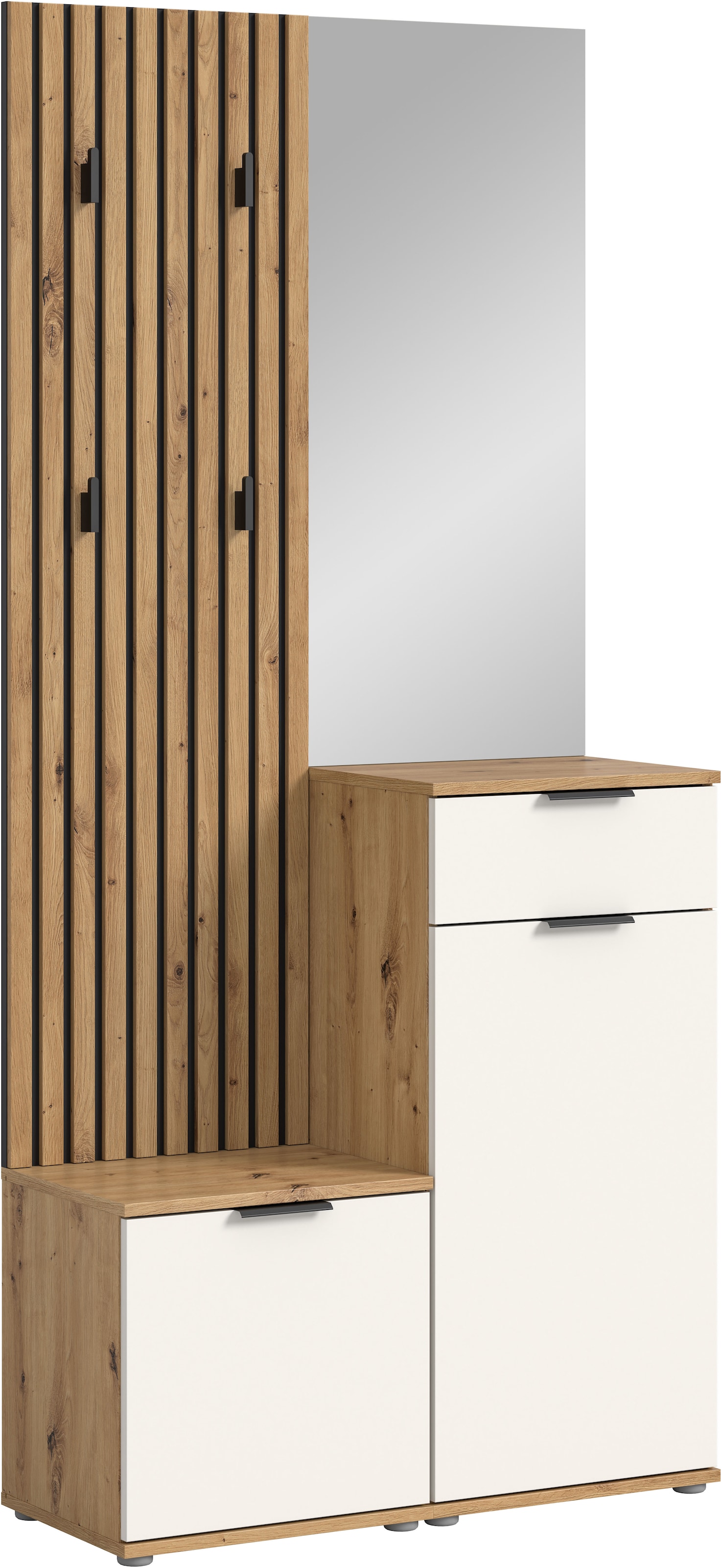 HBZ Kompaktgarderobe »Simple mit Spiegel, Flurgarderobe BxHxT 88x195x35 cm«, (4 St.), mit Bank, Paneel, Schuhkommode mit Schubkasten und Spiegel