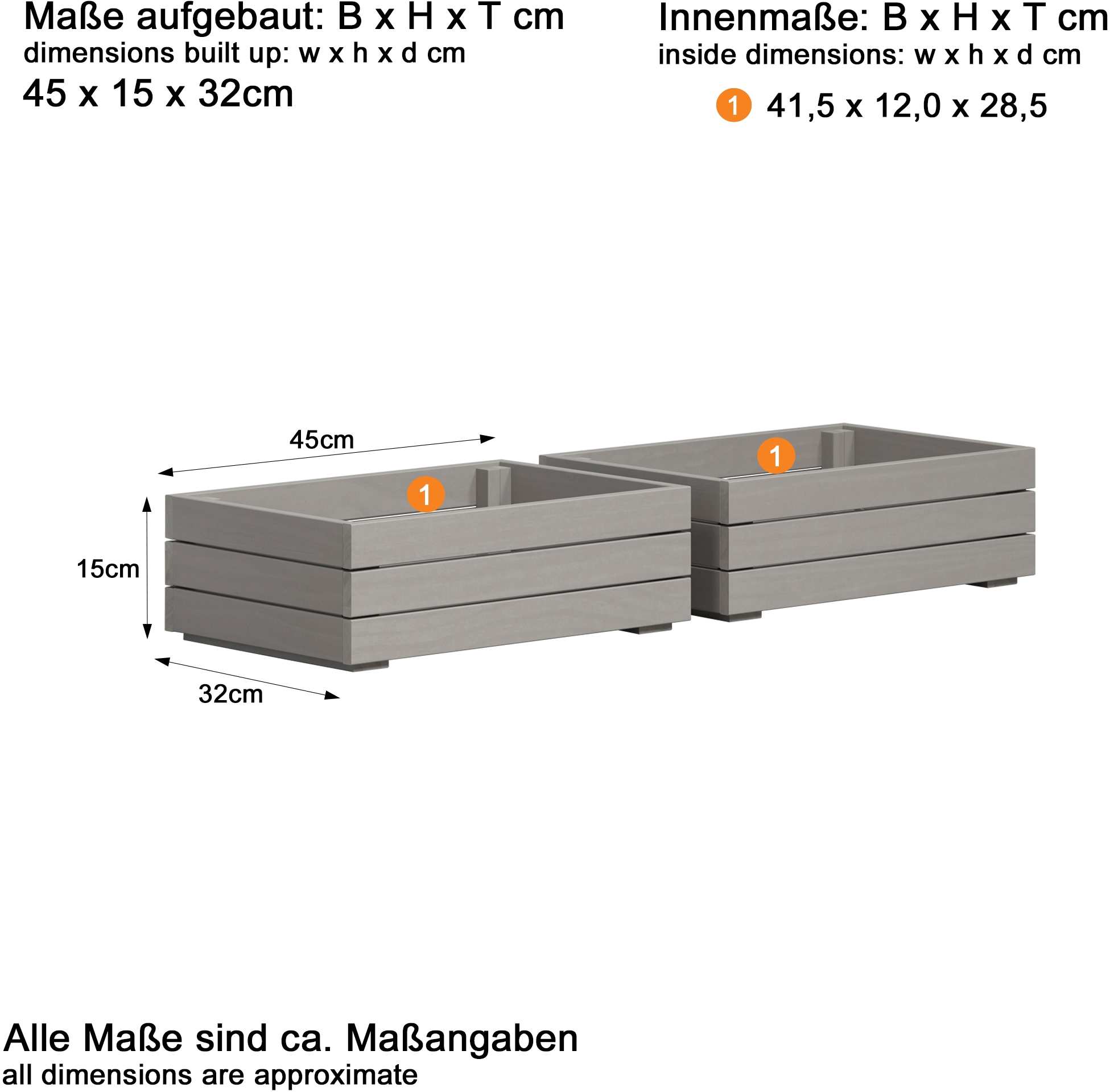 INTER-FURN Schublade »Arona Holzkisten«, (2 St.), 2er Set Massivholzkisten, Kiefer, Grau Wachs, B/H/T: 45 / 15 / 32 cm