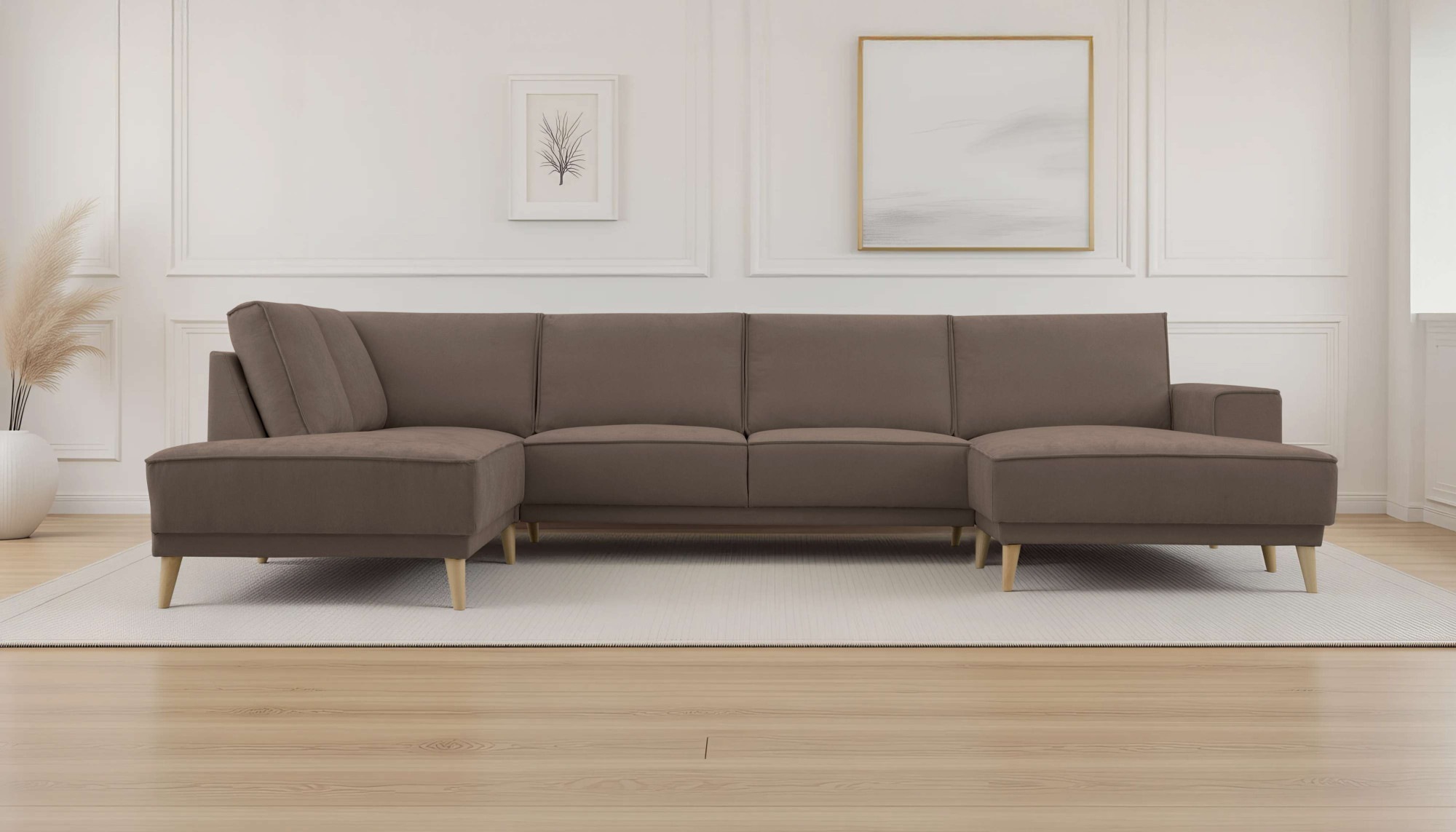 Wohnlandschaft OTTO HOME "Oland Skandi, weicher Chenille-Stoff", braun, B:345cm H:85cm T:210cm, 100% Polyester, Sofas, Wohnlandschaft, U-Form, 345 cm, Wellenunterfederung, Skandi-Design, Massivholzfüße