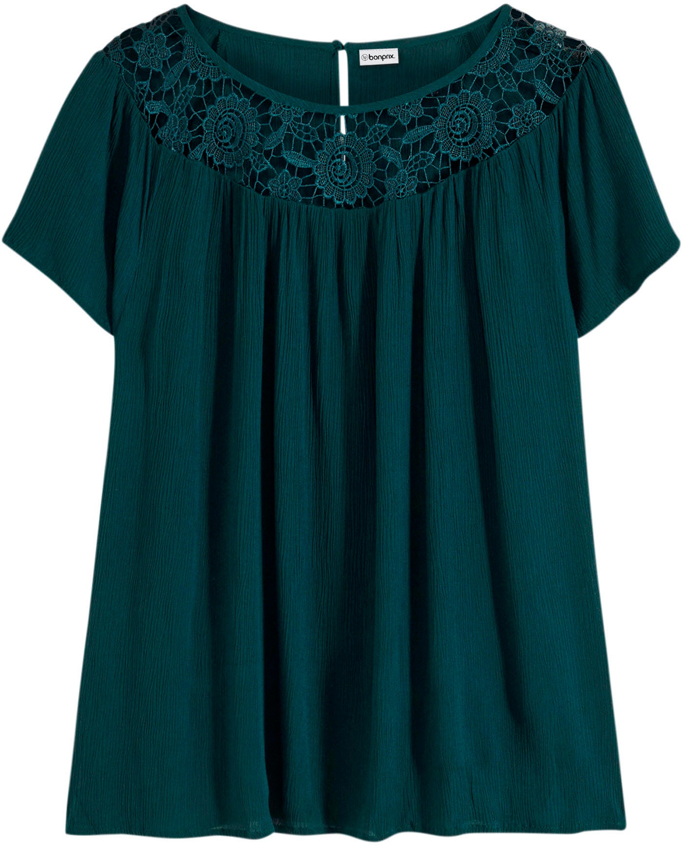 bonprix Kurzarmbluse »Bluse aus reiner Viskose« gerade Passform, für vielseitige Anlässe, aus Viskose, mit Spitze