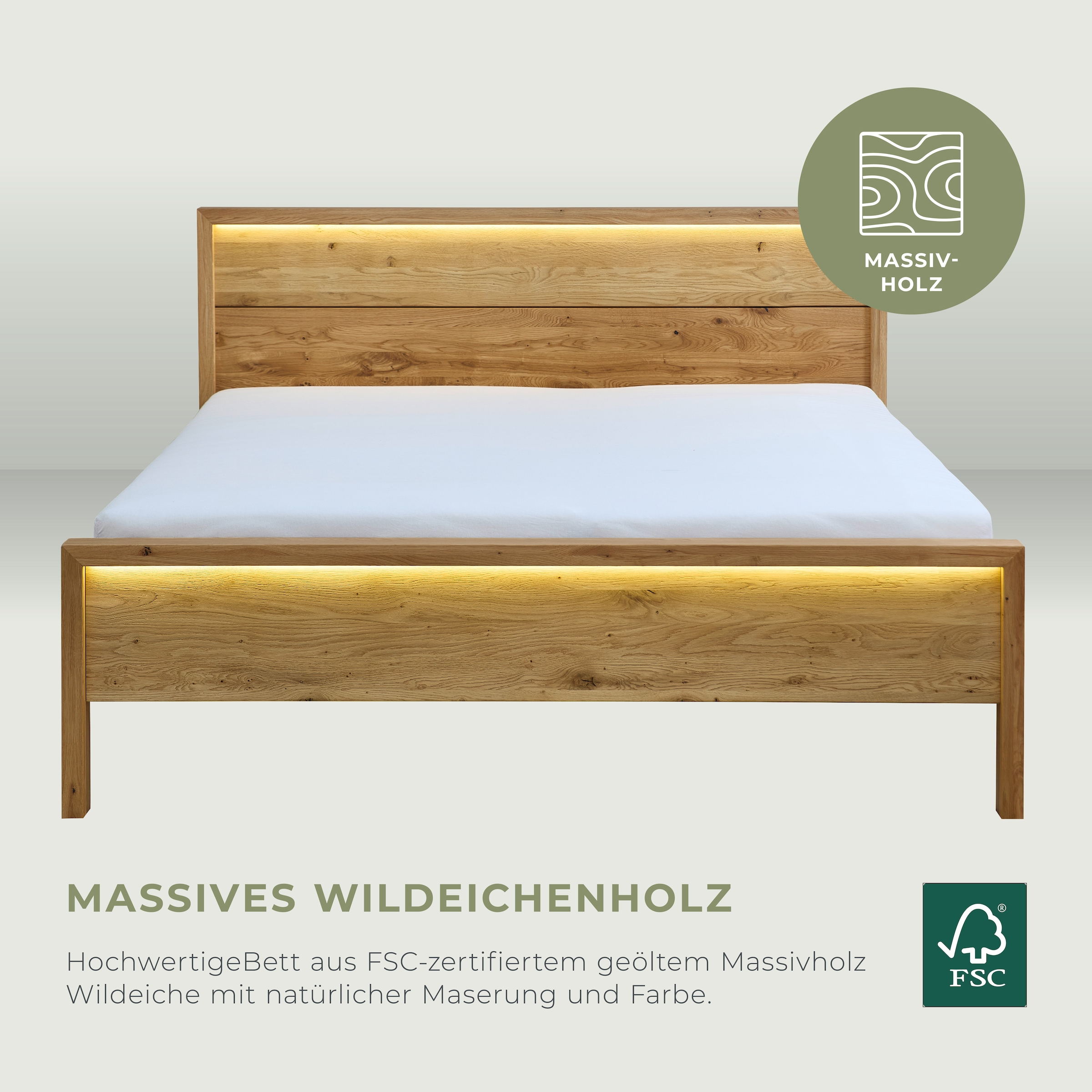Home affaire Massivholzbett »Ambroise aus Wildeiche« inkl. LED-Beleuchtung, wahlweise auch in Überlänge erhältlich