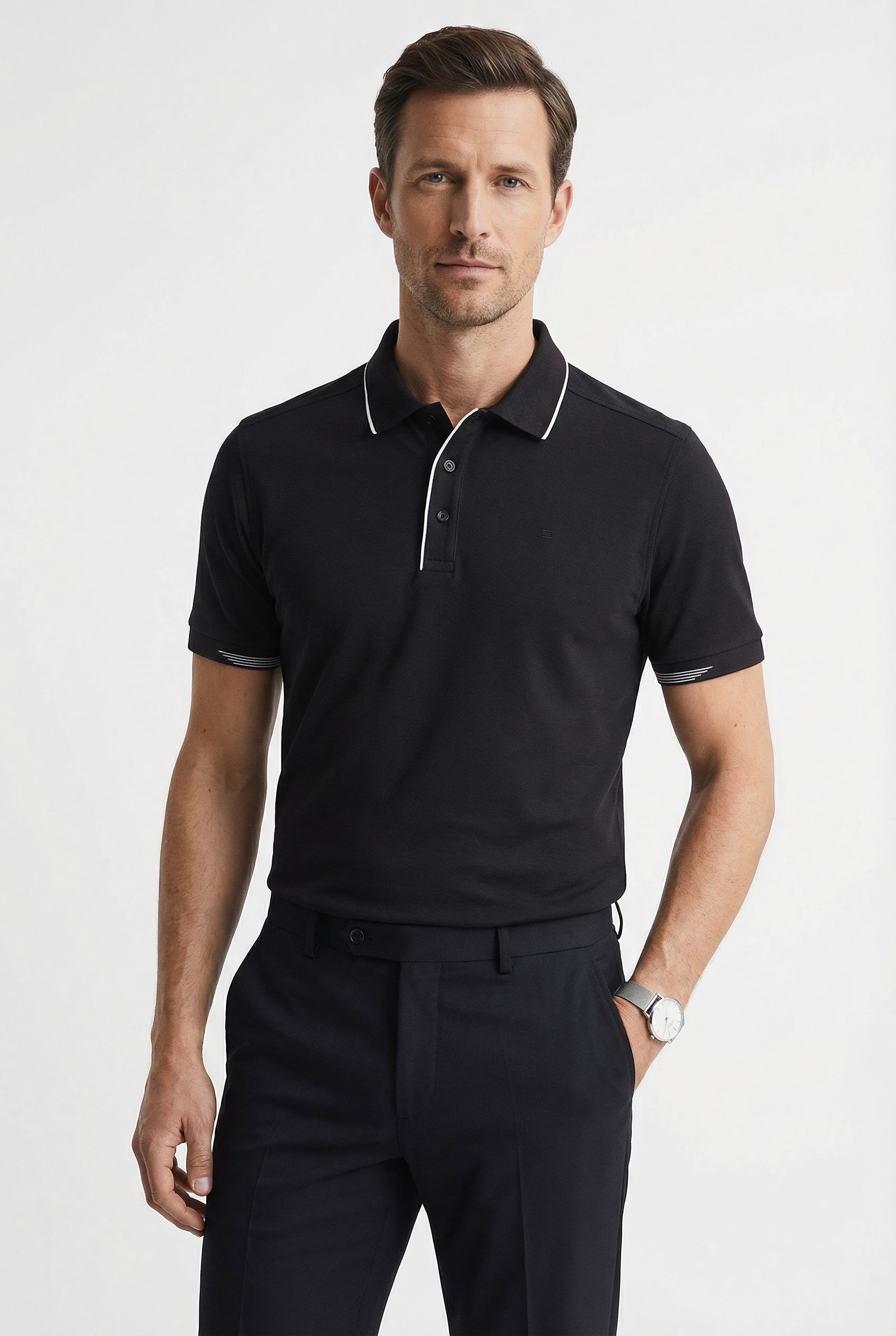 Poloshirt OLYMP "OLYMP Casual Wirk", Herren, Gr. L, schwarz, 51% Baumwolle, 49% Polyester, Shirts