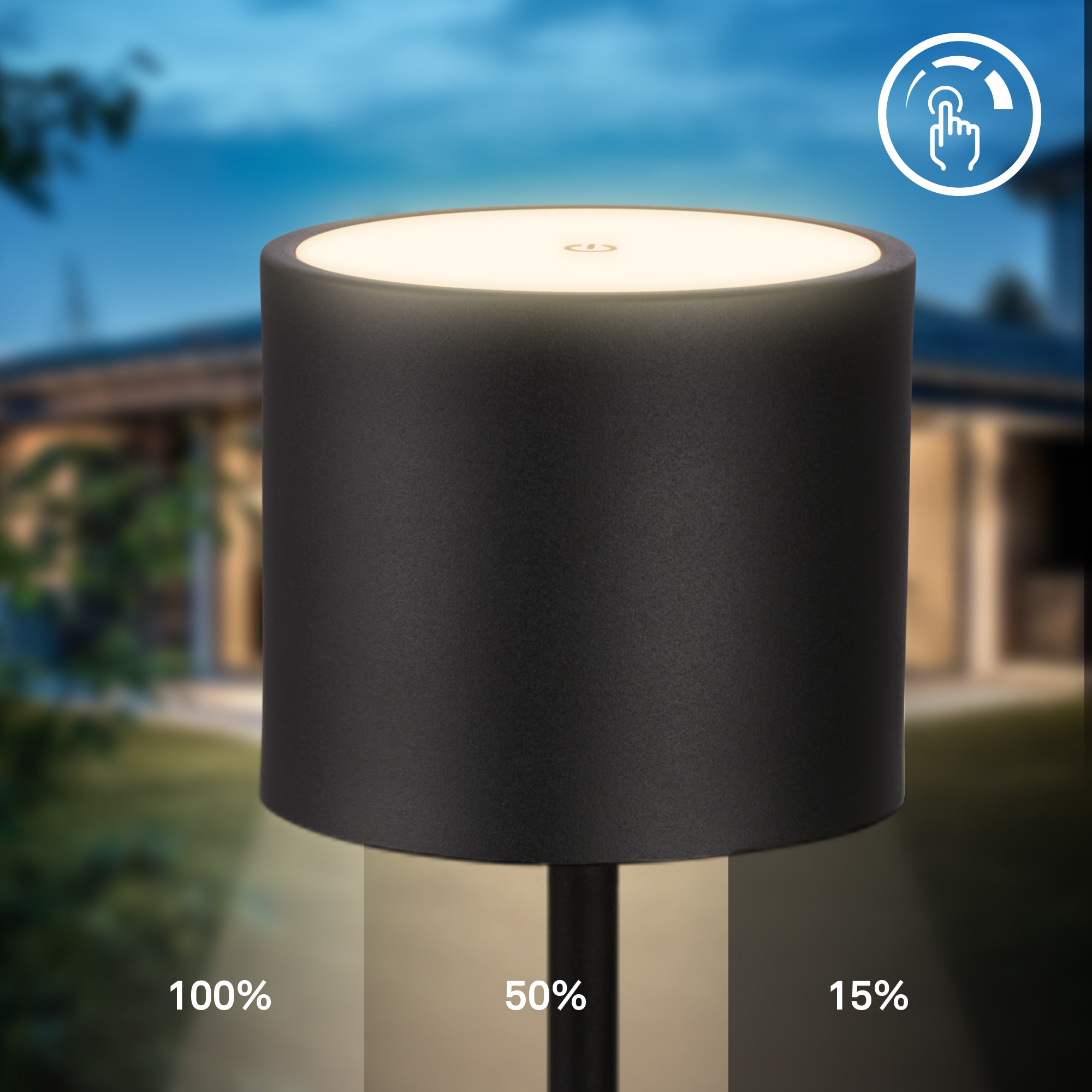B.K.Licht Außen-Tischleuchte »BK_TL1608 Akku Tischlampe mit Ladestation, 3-Stufen Touchdimmer, IP44«, 1 flammig, Leuchtmittel LED-Modul | LED fest integriert, 3.000 K, 230 Lm, 2,5W, Akku wechselbar, max. 12h Leuchtdauer, Weiß