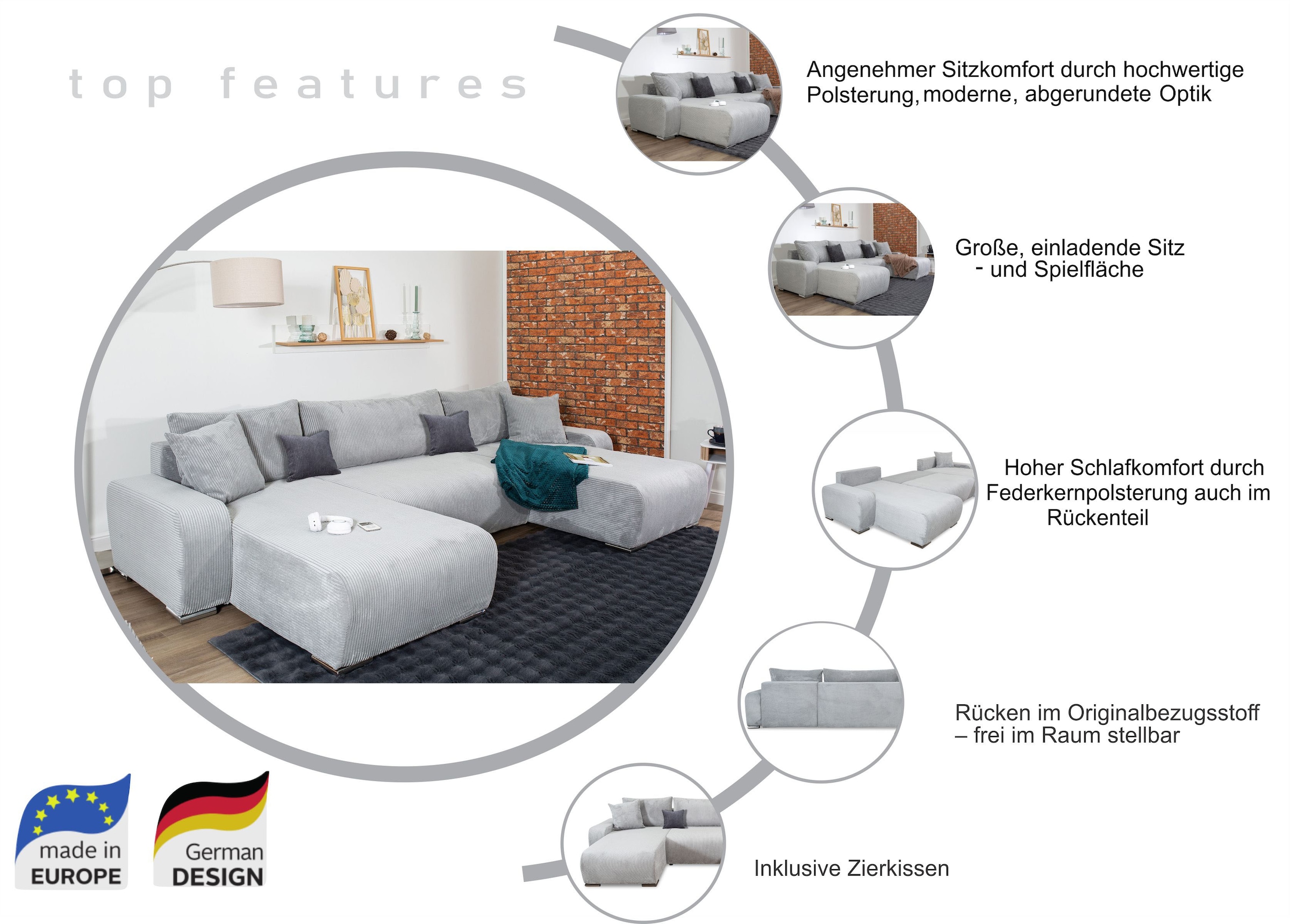 COLLECTION AB Wohnlandschaft »Paola U-Form«, mit Schlaffunktion, Stauraum, Zierkissen und Bonnellfederkern, Cord
