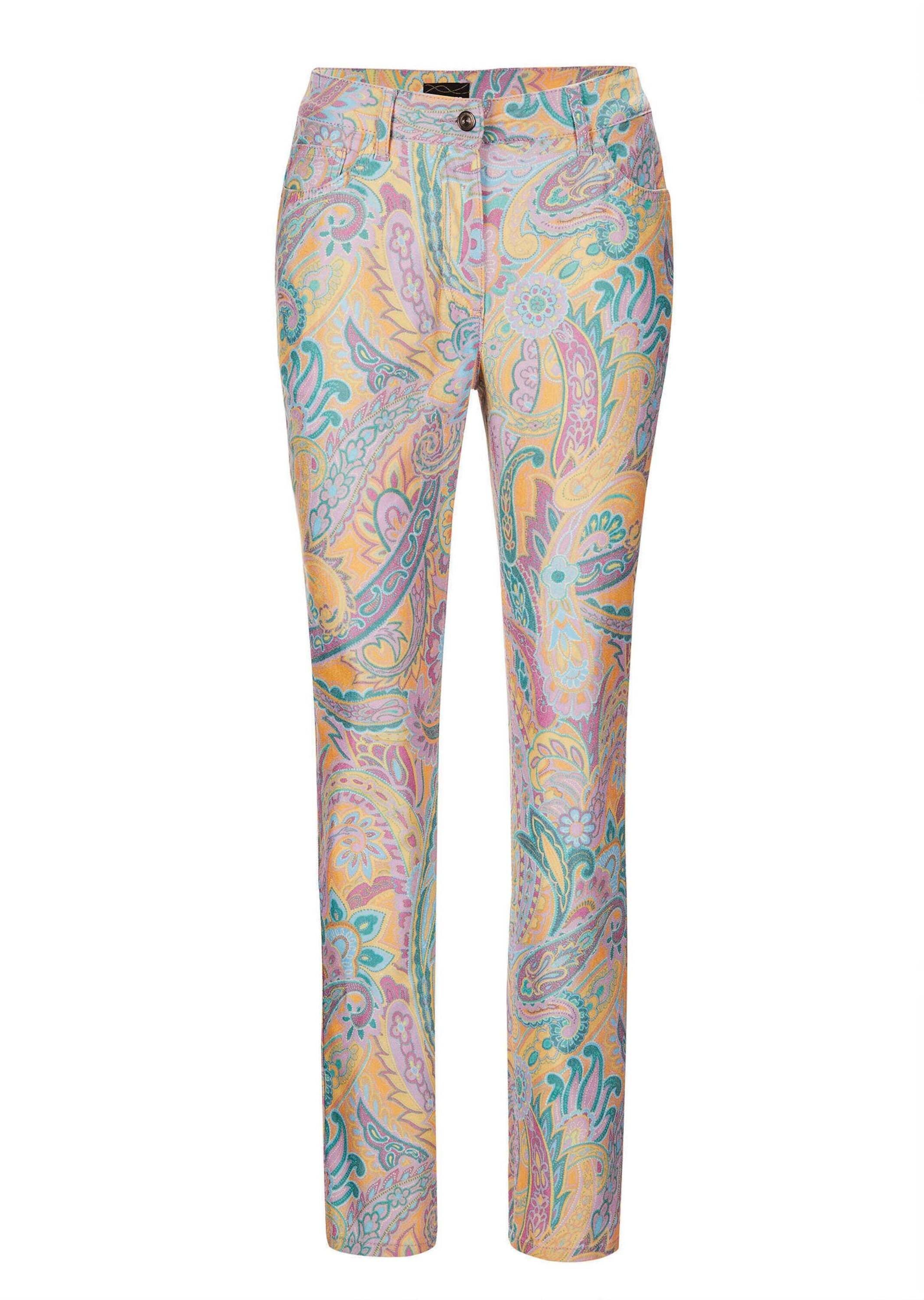 GOLDNER Damen Chinohose "Kurzgröße Elegante Hose LOUISA mit Paisley-Muster", lila, Gr. 21, Obermaterial: 68% Baumwolle CO. 29% Polyester PES. 3%