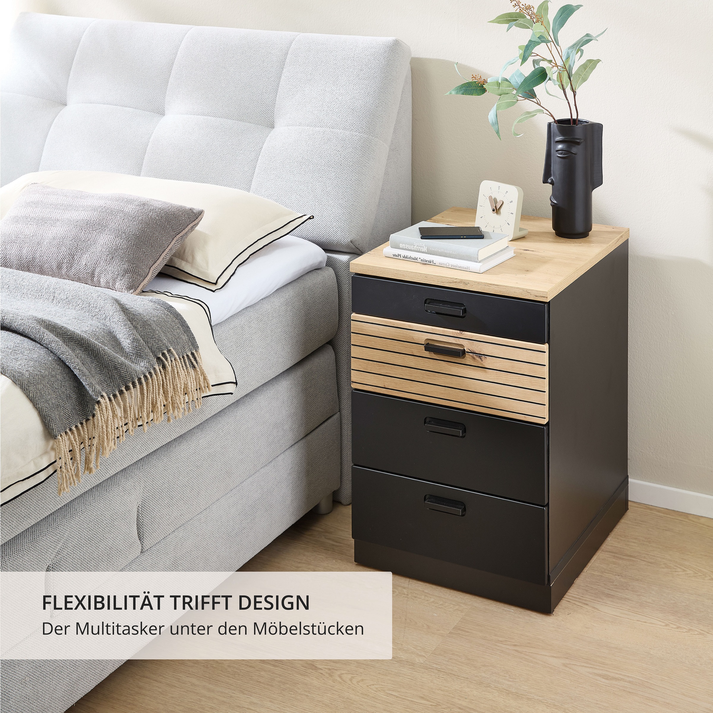 Innostyle Rollcontainer »Nachtkommode Glenn, 45 x 66 x 55 cm (B/H/T)«, (1 St.), inkl. Filzeinlage, 4 Rollen (2 mit Bremsen) oder Sockel, SK Soft-Close