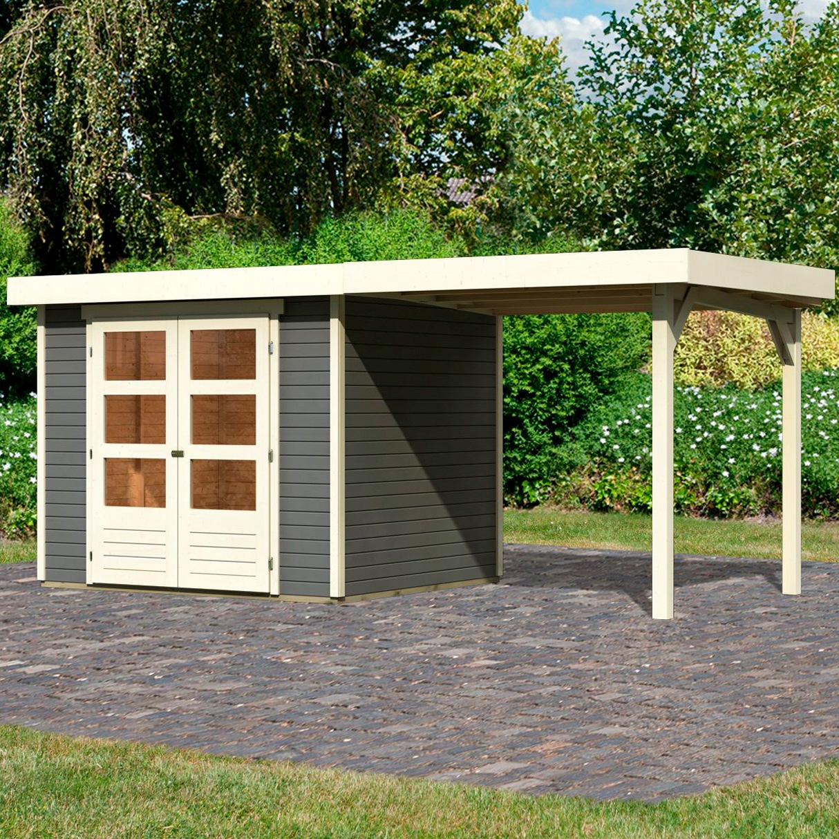 Karibu Gartenhaus »Arnis«, (Set), mit Anbaudach 2,40 m Breite