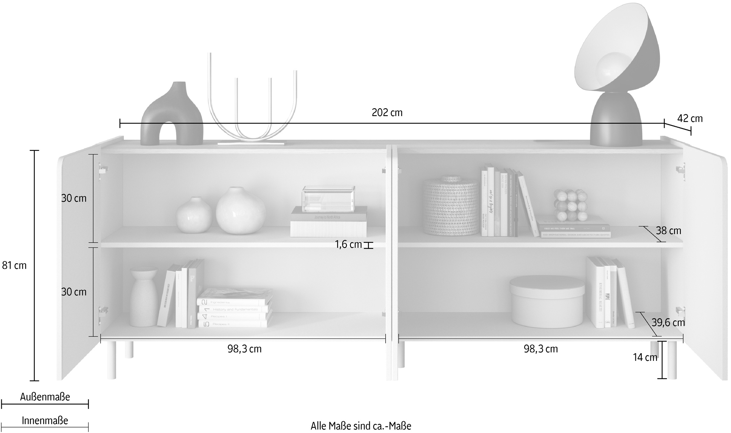 OTTO home Sideboard »Dobbiaco, 202 cm breit, 4 Türen, Anrichte, Kommode, Stauraumschrank« Innenliegendes Top, gerade Metallfüße, Tür mit Rundung