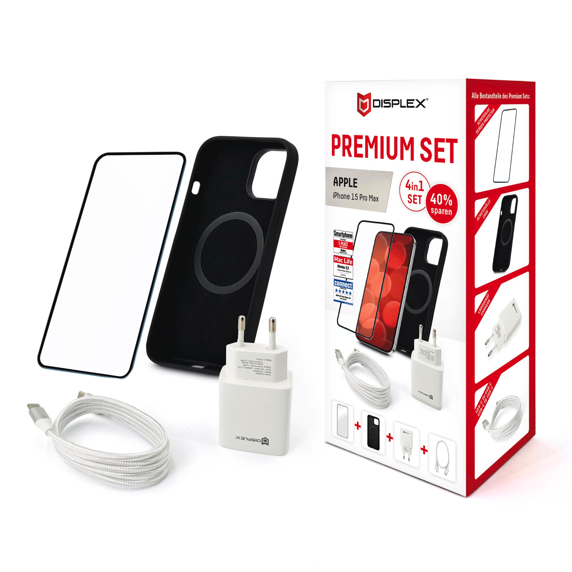 Displex Displayschutzglas »Premium Set 4in1«, für Apple iPhone 15 Pro Max, (Set, 4 St., bestehend aus Displayschutz, Case, Kabel, Netzteil), Displayschutzfolie Schnellladegerät 20 W MagSafe USB-C zu USB-C-Kabel