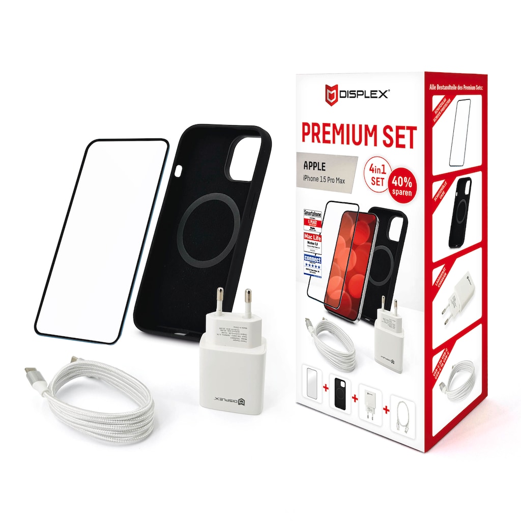 Displex Displayschutzglas »Premium Set 4in1«, für Apple iPhone 15 Pro Max, (Set, 4 St., bestehend aus Displayschutz, Case, Kabel, Netzteil)