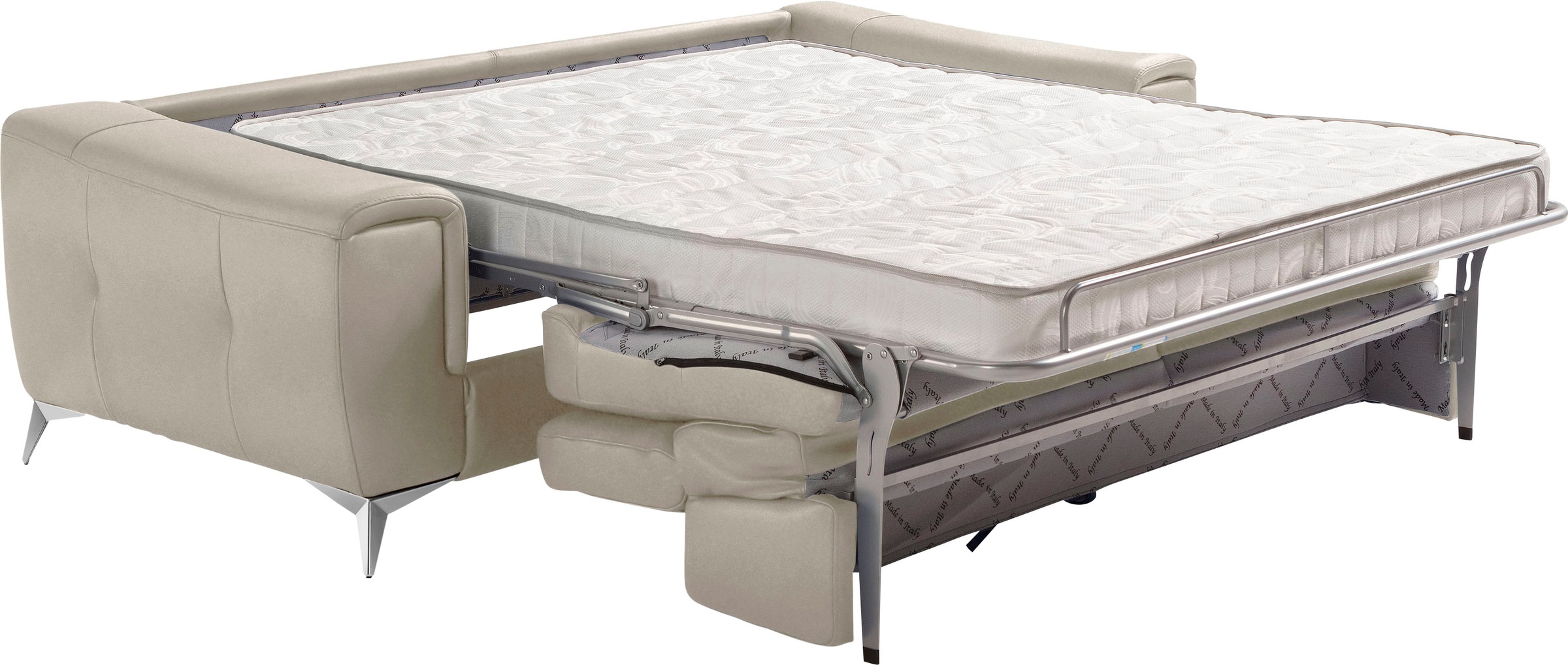 Egoitaliano Schlafsofa »Francine Designsofa, Loungesofa mit Dauerschlaffunktion, Breite 233 cm«, Bettfunktion, Luxus-Microfaser Lederoptik, opal grau, Fußfarbe chrom