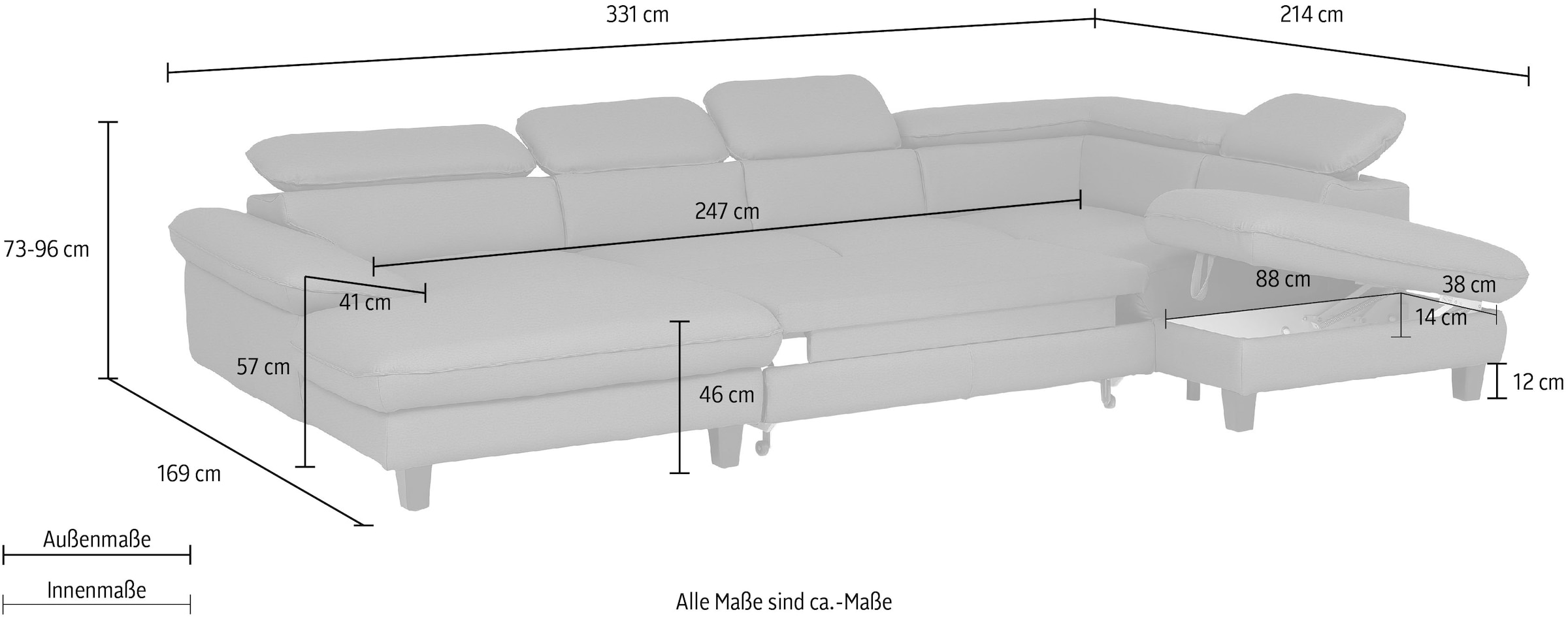 Home affaire Wohnlandschaft »Pilot U-Form«, mit Kopfteilverstellung, wahlweise mit Bettfunktion & Bettkasten