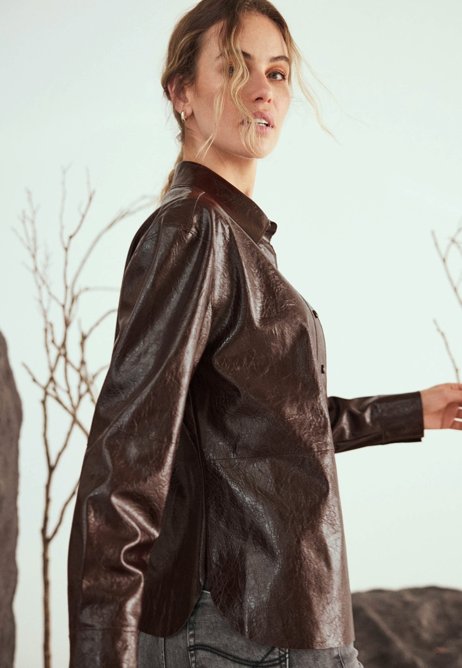 Zero Hemdbluse »zero Damen Hemdbluse im Lederlook Knopfleiste«