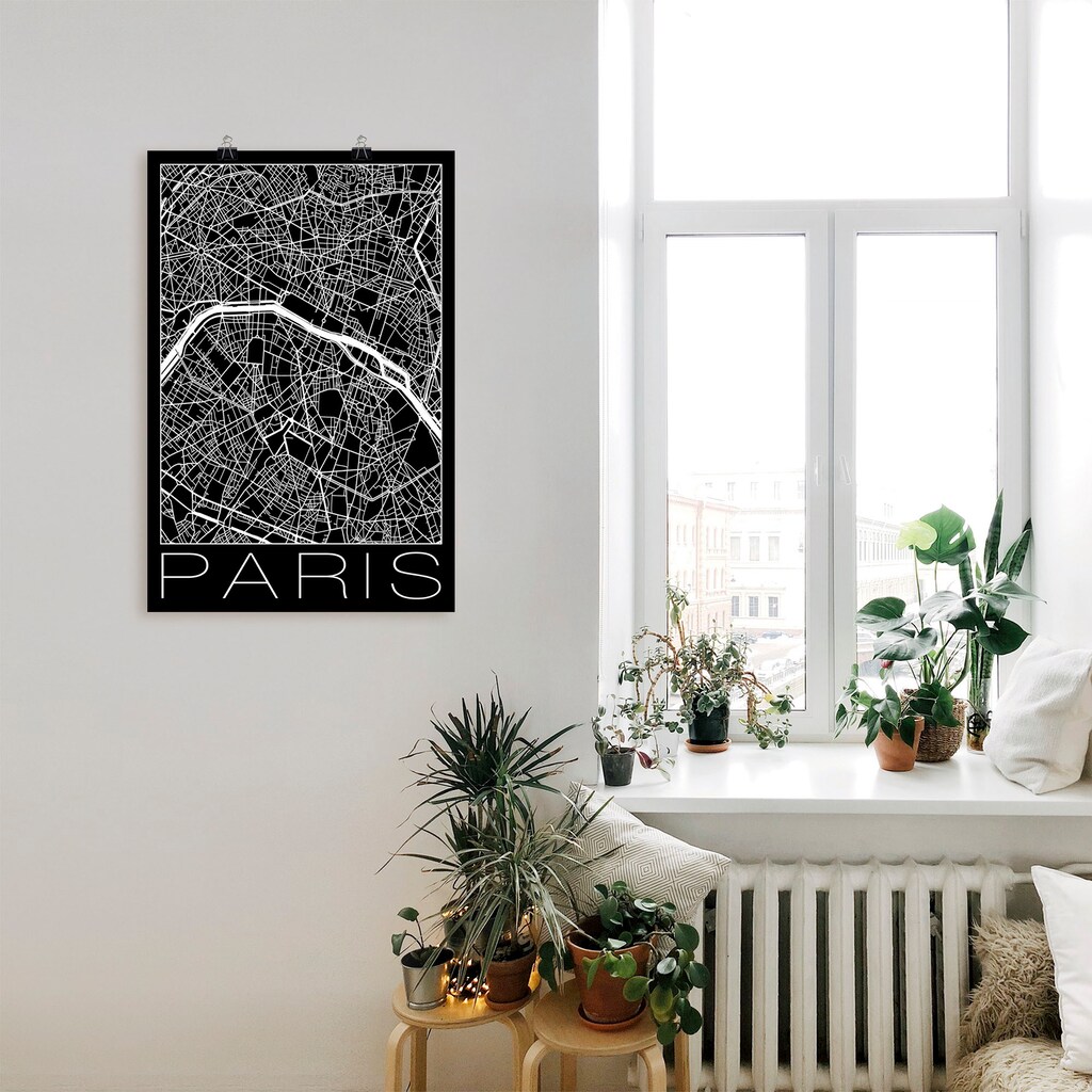 Artland Poster »Retro Karte Paris Frankreich Schwarz«, Frankreich, (1 St.)