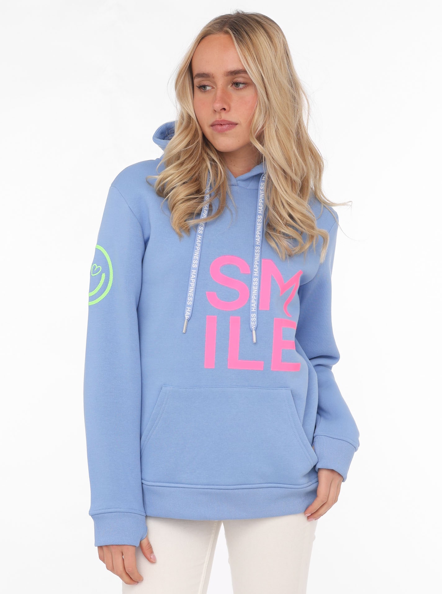 Zwillingsherz Sweatshirt, mit "Smile"-Aufdruck in Neonfarben und gesticktem günstig online kaufen