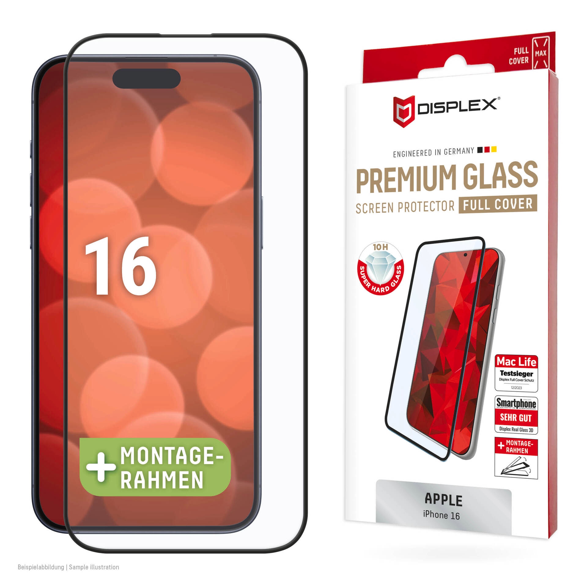 Displex Displayschutzglas »Premium Glass Full Cover«, für Apple iPhone 16, (1 St.), Displayschutzfolie, Schutzfolie, Bildschirmschutz, kratz- & stoßfest