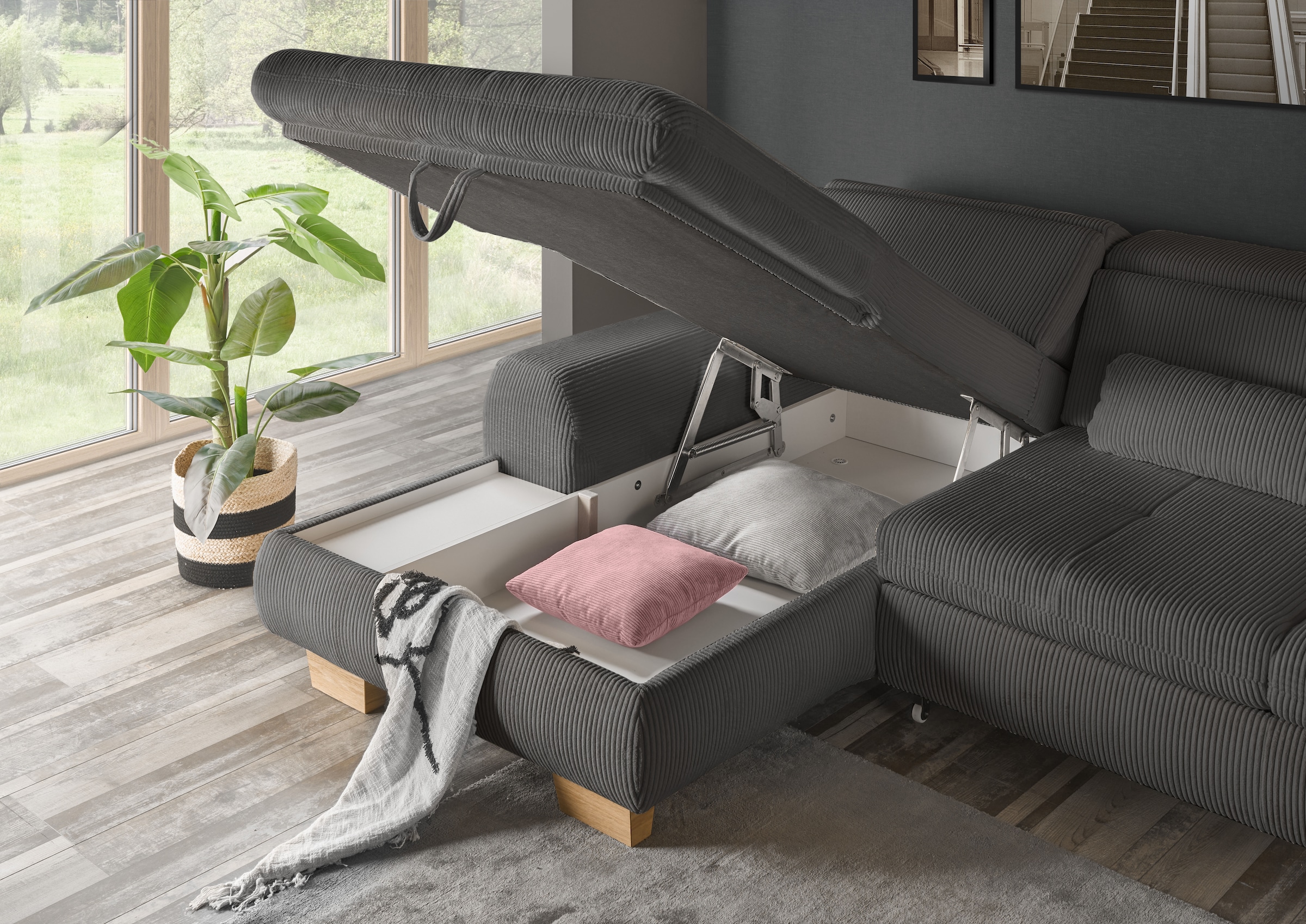 set one by Musterring Ecksofa »SO 3400«, mit Canape und verschiedenen Funktionen, Kaltschaum, B307 x T195 cm