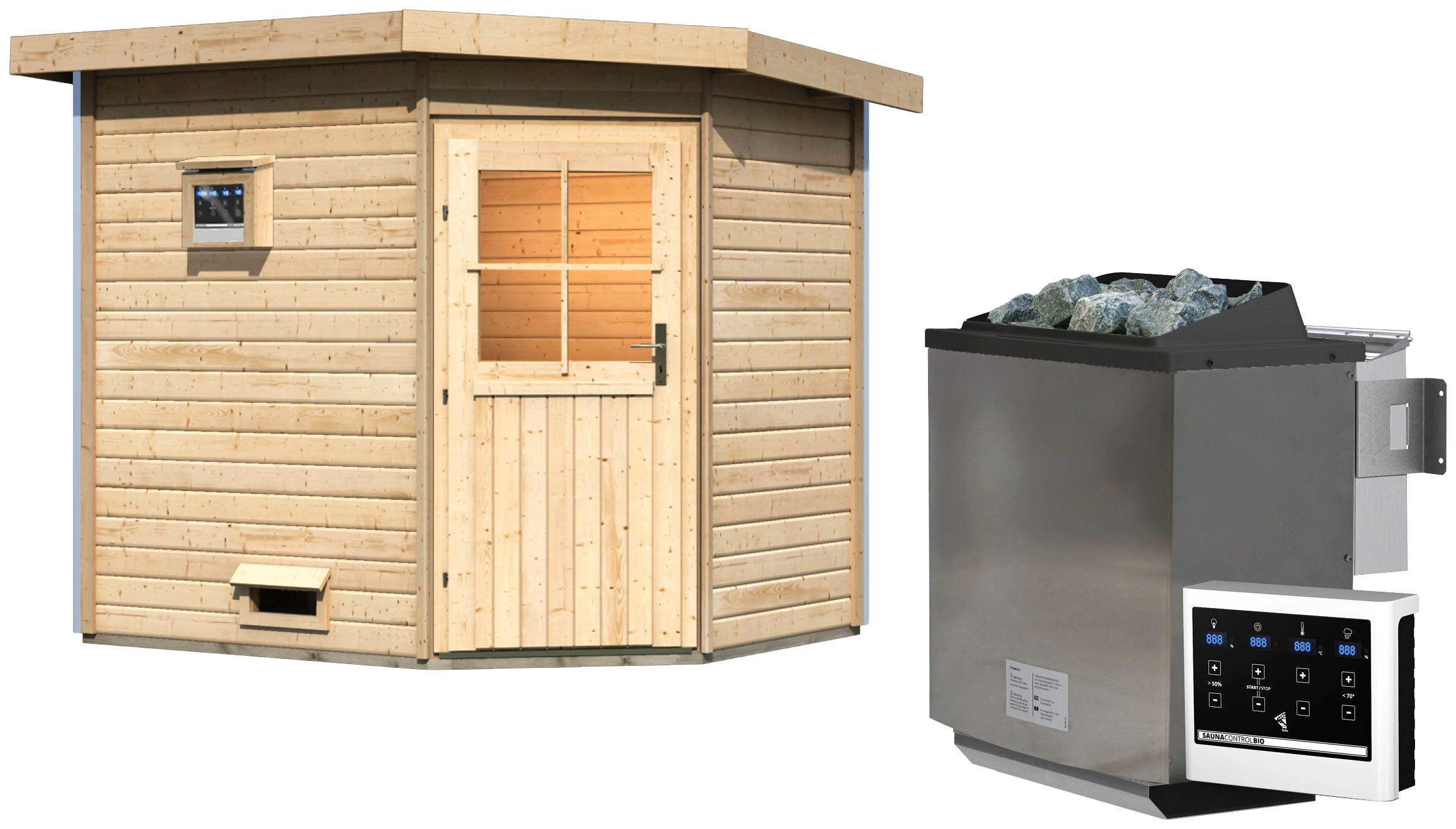 KARIBU Saunahaus "Tore", Bio-Ofen, externe Steuerung, 9 kW, beige, Garten, Saunen, Ofen 9 kW Bio externe Strg easy