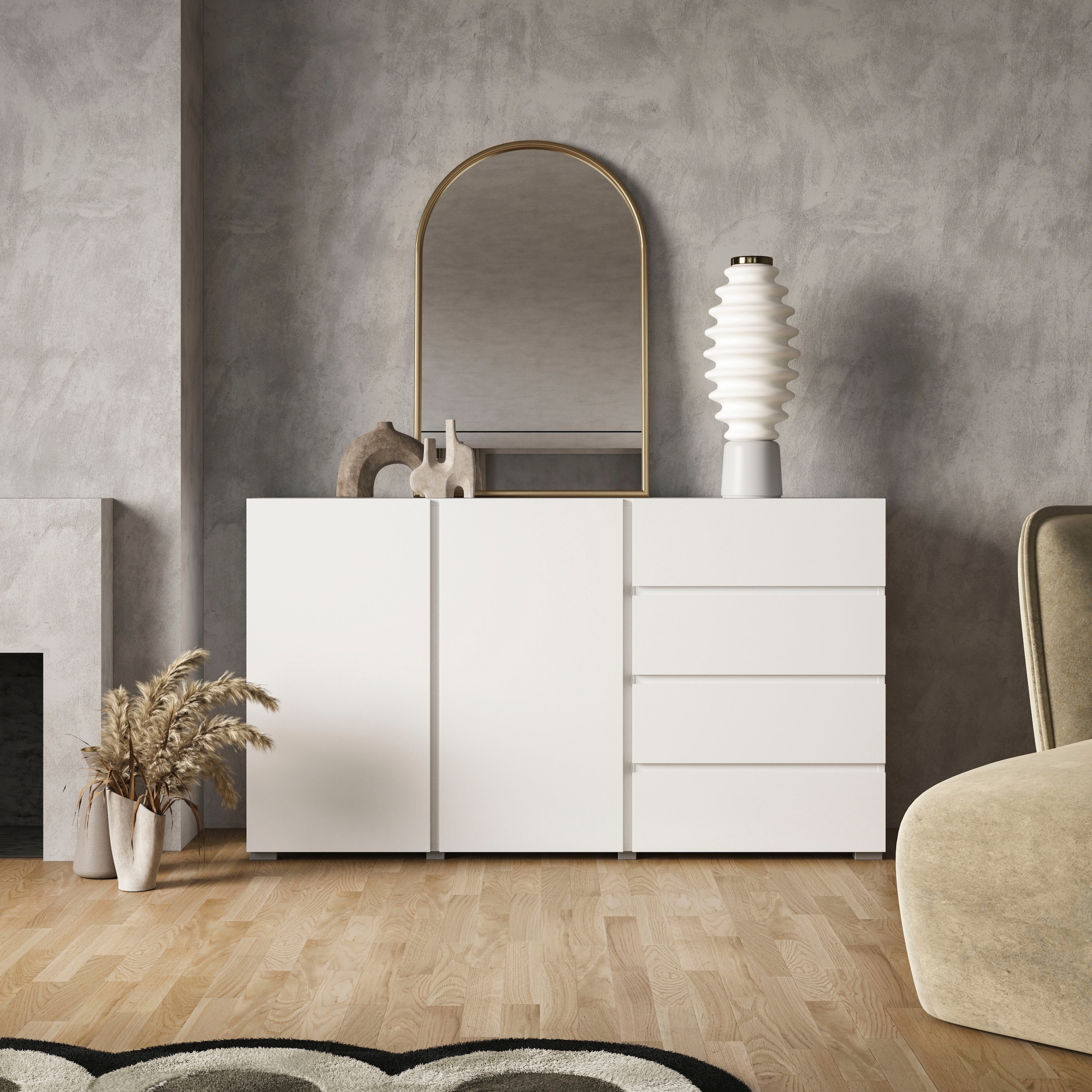 INOSIGN Sideboard »Asymetric, Breite 138 cm, grifflose Kommode 2 Türen/4 Schubkästen«, Schubladenschrank mit viel Stauraum, Einlegeböden verstellbar