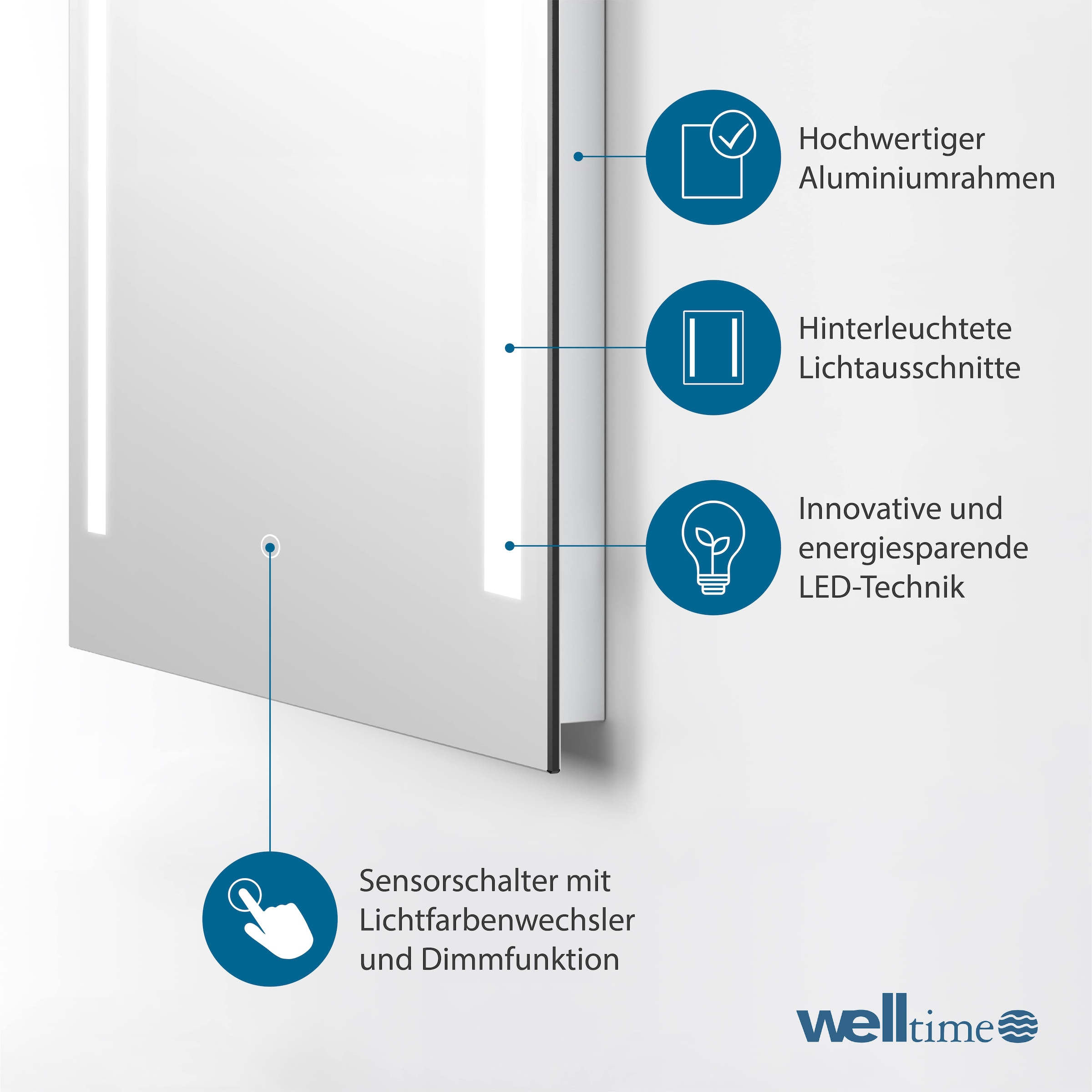 welltime LED-Lichtspiegel »Plaza«, mit Lichtfarbenwechsler und Dimmschalter, in verschiedenen Größen