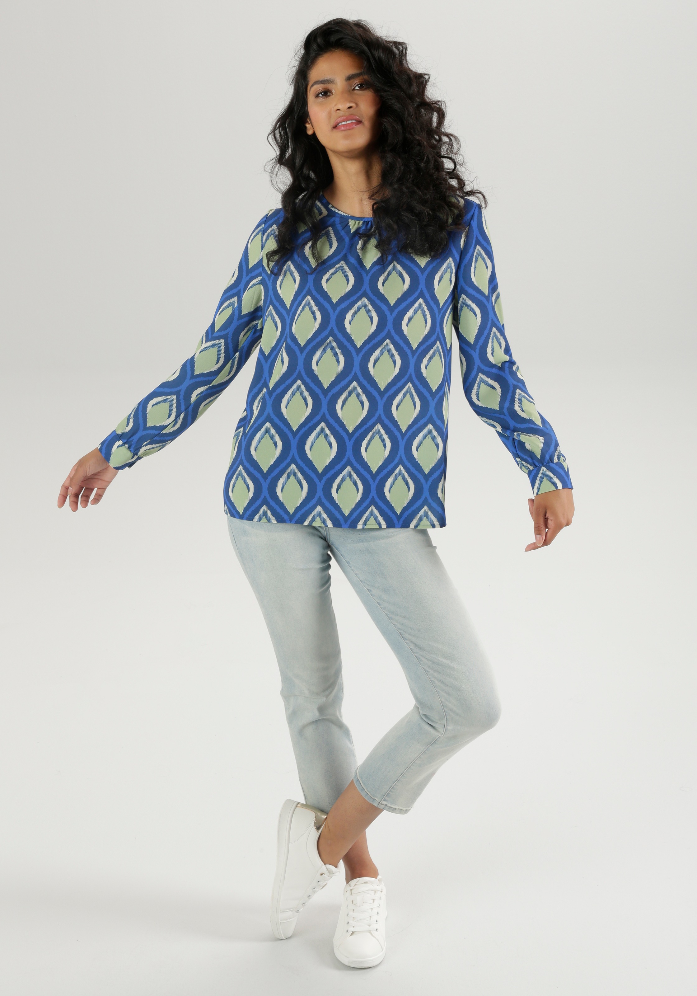 Schlupfbluse ANISTON SELECTED, Damen, Gr. 42, blau (dunkelblau, blau, lindgrün, creme), Crêpe, Obermaterial: 100% Polyester, bedruckt, gemustert, figurumspielend hüftbedeckend, Rundhals, 1-Knopf-Manschette, Blusen Schlupfbluse, mit Schlitz und Bindeband i 3