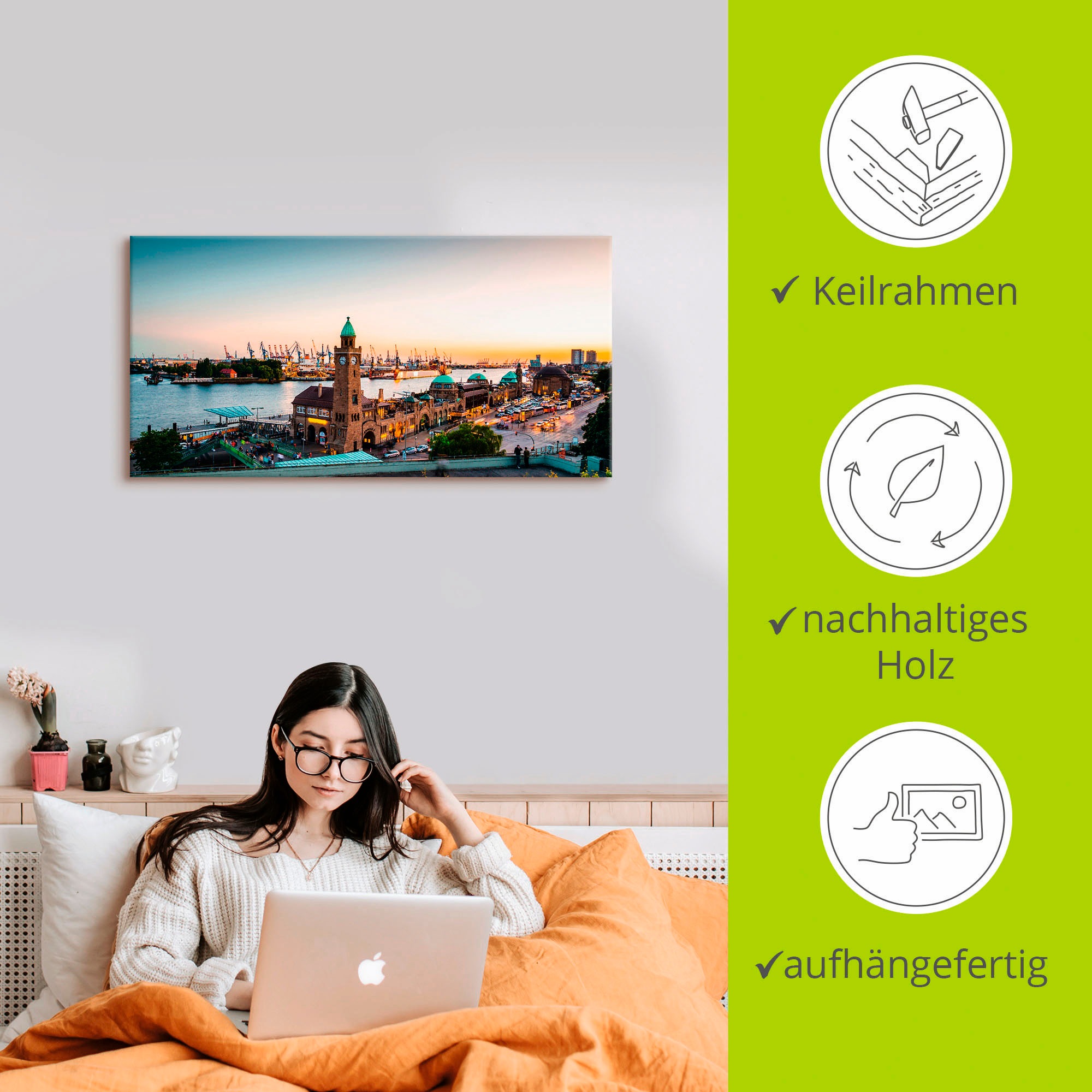 Artland Wandbild »Hamburg Hafen und Landungsbrücken«, Deutschland, (1 St.), als Alubild, Outdoorbild, Leinwandbild, Poster, Wandaufkleber