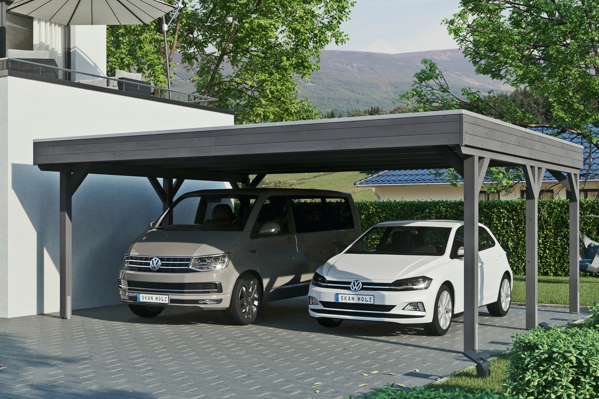 Skanholz Doppelcarport "Grunewald" Leimholz dunkelgrau mit Aluminiumdach