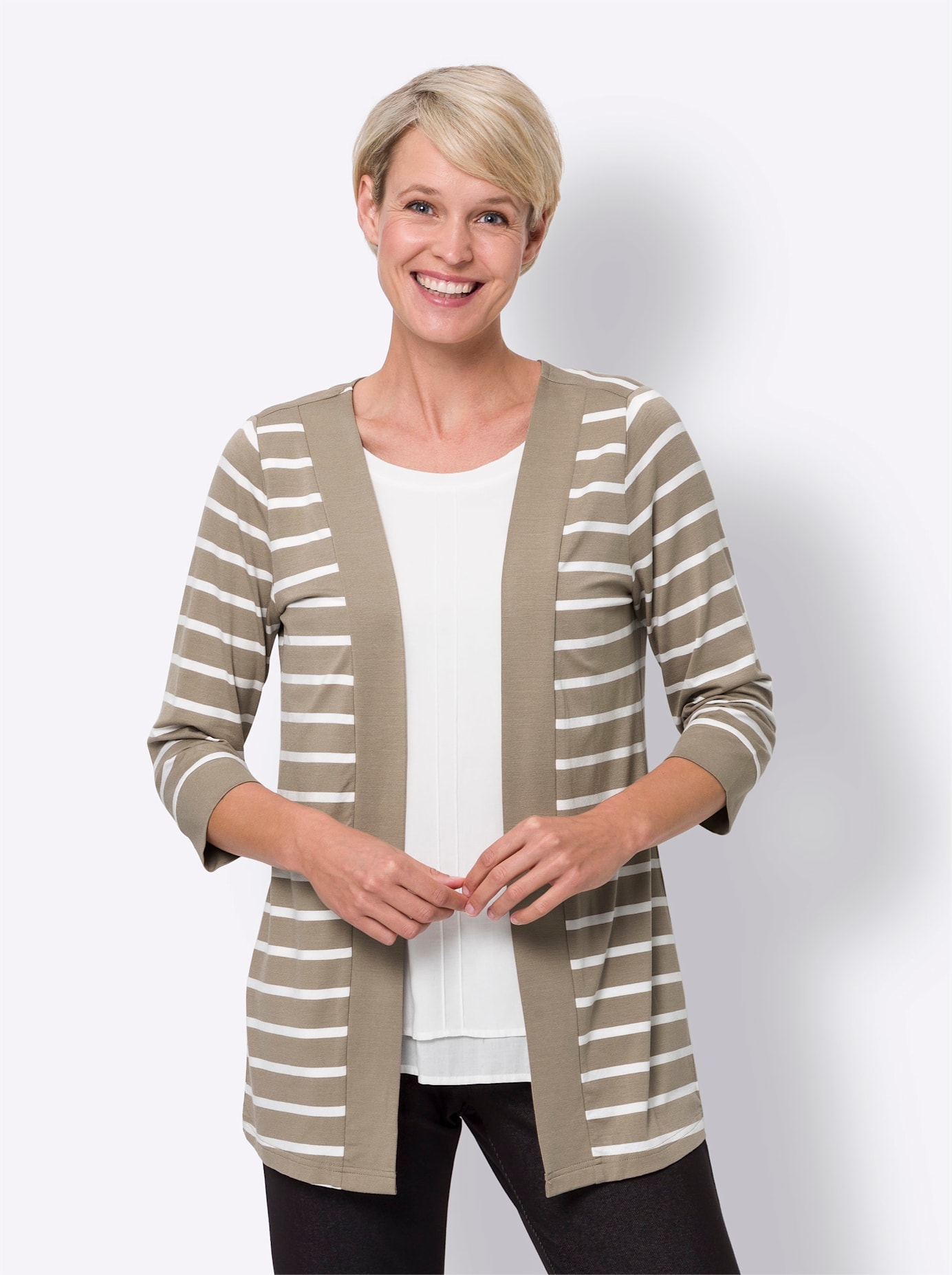 Shirtjacke CLASSIC BASICS "Shirtjacke", Damen, Gr. 56, beige (sesam, weiß, gestreift), 95% Viskose, 5% Elasthan, gemustert, mehrfarbig, Shirts Shirtjacke