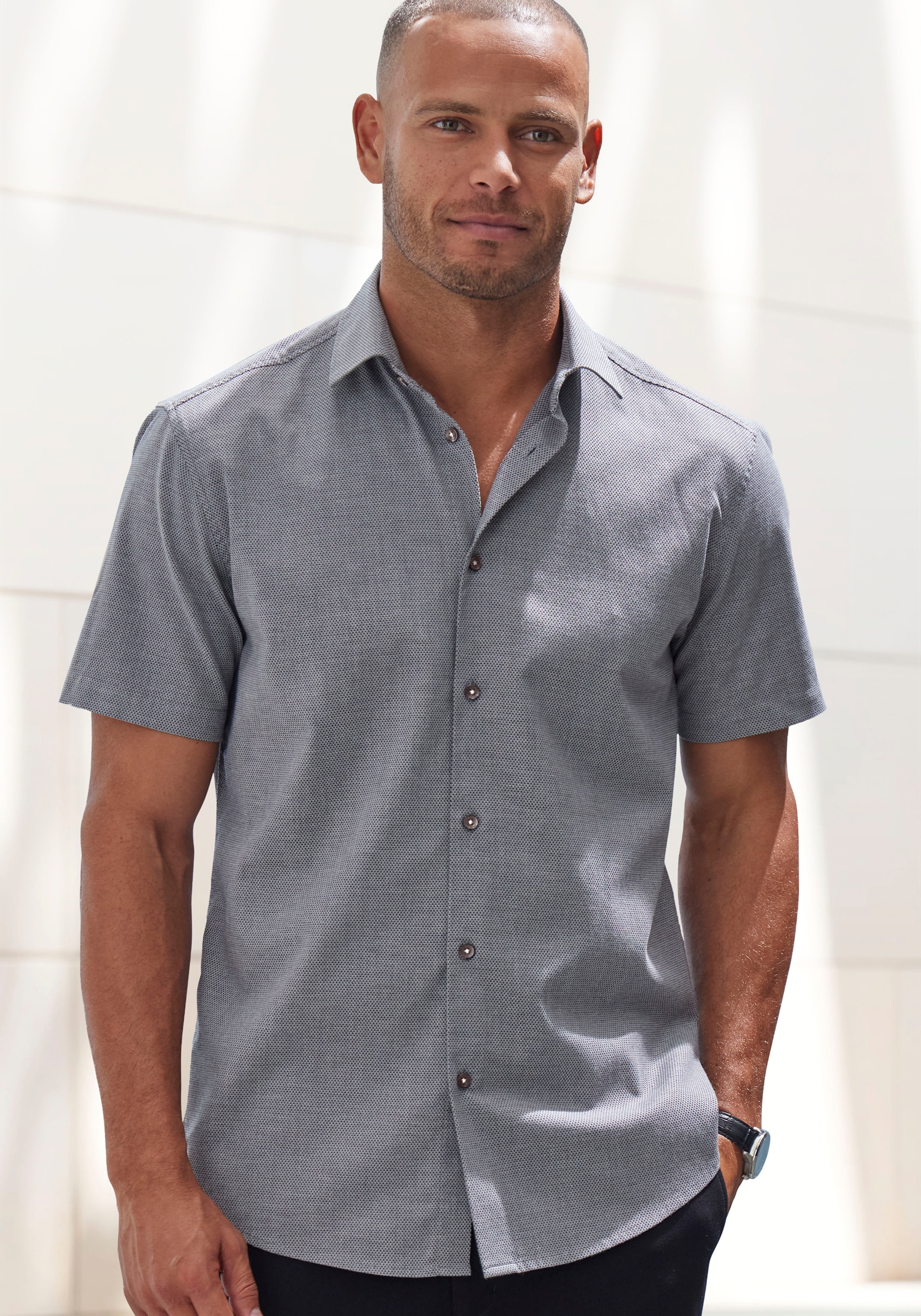 Thumbnail - H.I.S Kurzarmhemd "Regular-fit" elastisches Jaquard-Kurzarmhemd