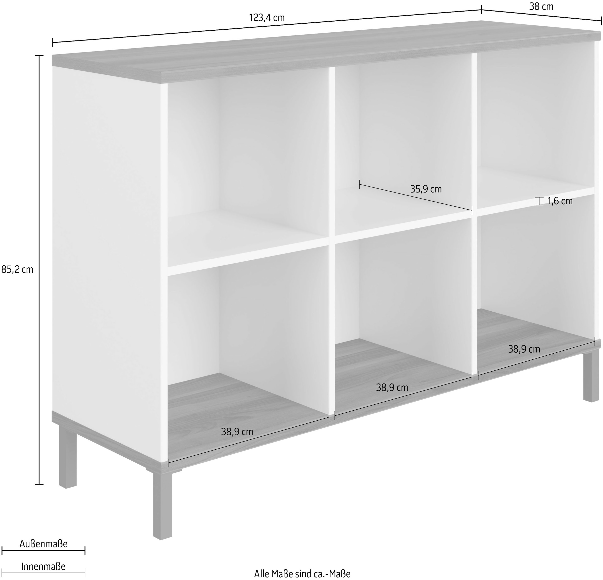 YUNY by PAIDI Sideboard »LOVELY ALIV mit 6 offenen Fächern«, (B/H/T ca. 123x85x38cm, Off-White/Dark-Walnut), yuny by PAIDI