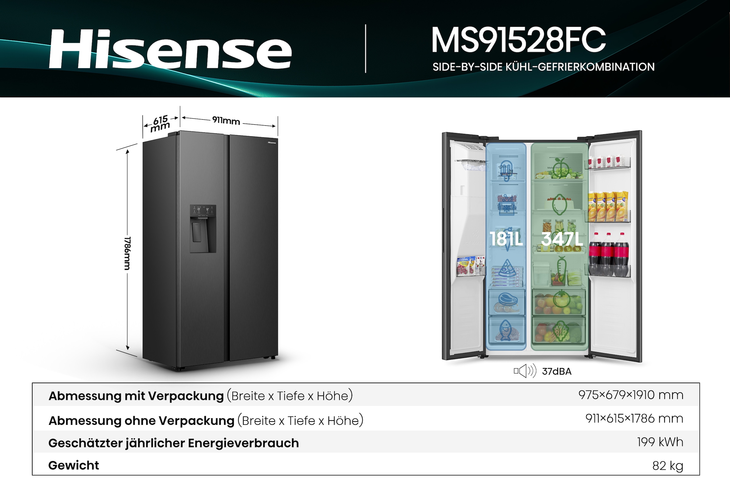 Hisense Side-by-Side »MS91528FC« 178,6 cm hoch 91,1 cm breit mit Wasser-/Eisspender, kein Festwasseranschluss dank Tank
