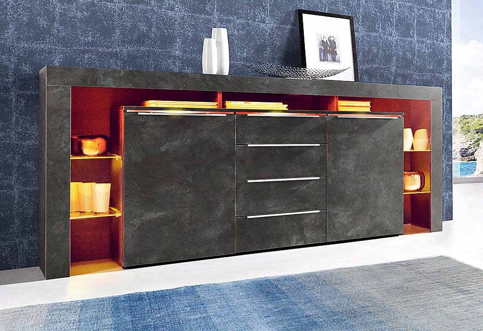 borchardt Möbel Sideboard "Lima, Breite 192cm mit Metallgriffen und Glasböden" Sehr viel Stauraum, 2 Türen, 4 Schubfächer, eleganter Überbau