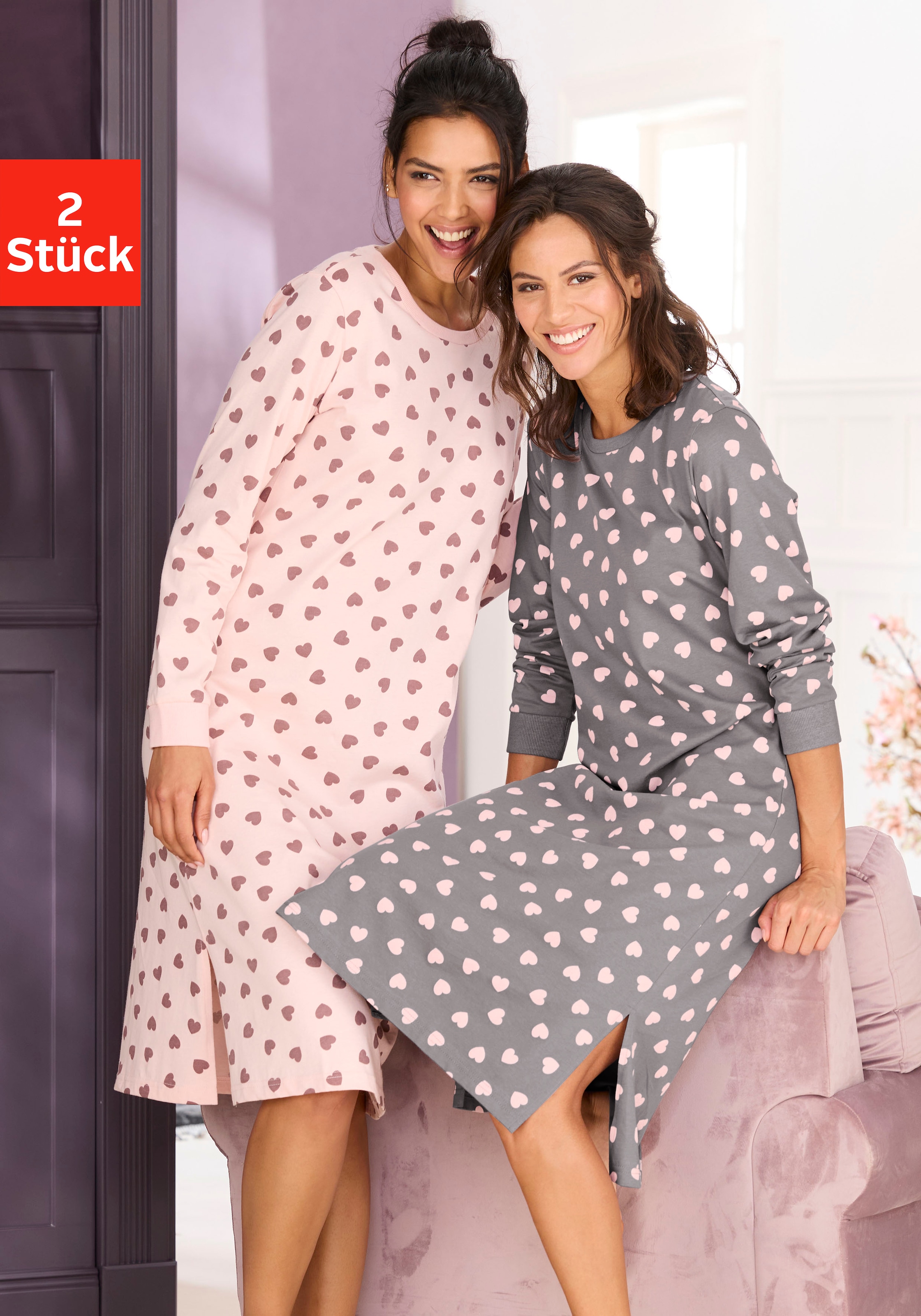 Vivance Dreams Nachthemd, (Spar-Set, 2 tlg.), mit süßem Herzmuster günstig online kaufen