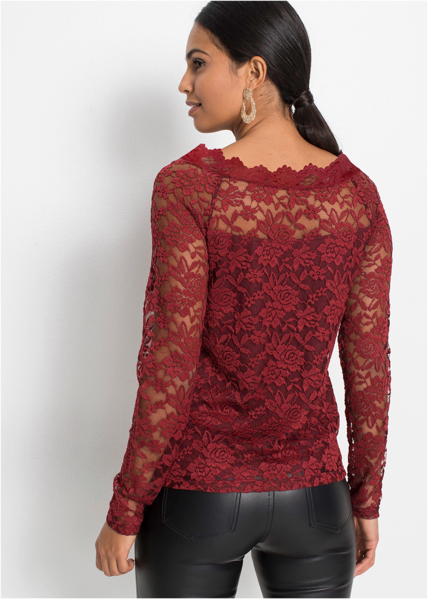 bonprix Langarmshirt Slim fit Passform, mit Spitzen-Details, unifarben günstig online kaufen